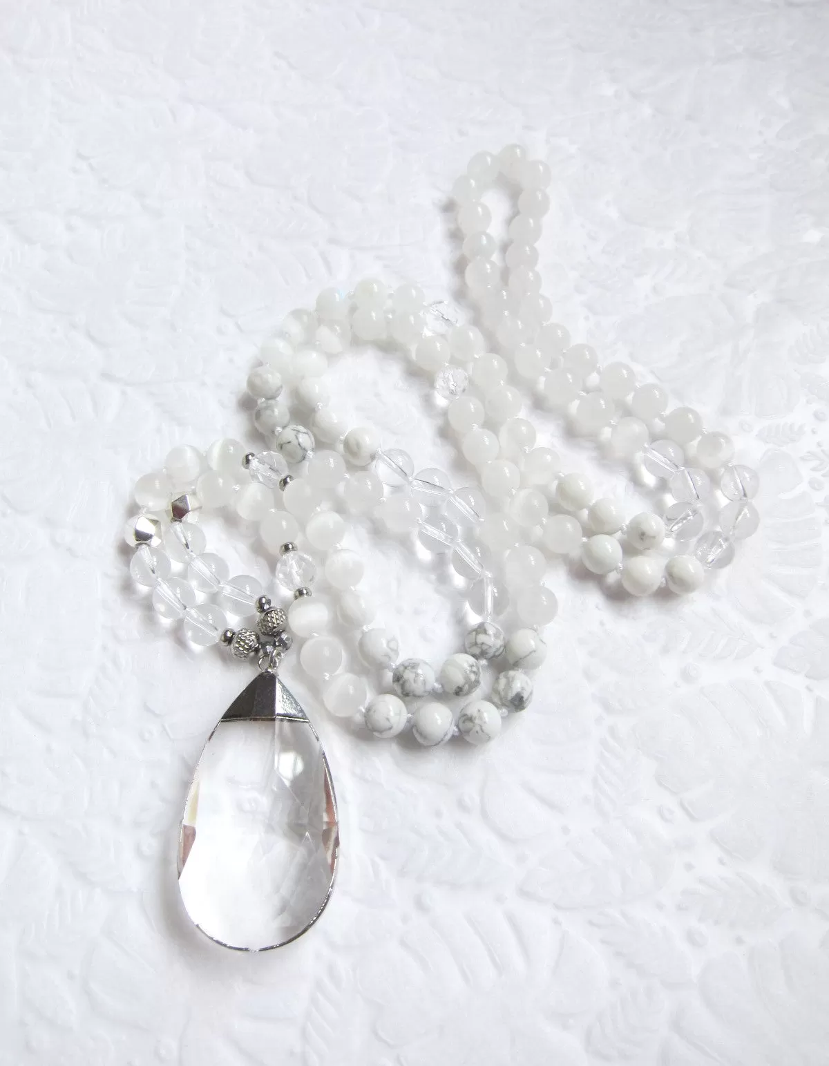 108 Glowing Quartz, Selenite, Moonstone Mala Necklace in Clear Quartz Pendant