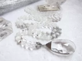 108 Glowing Quartz, Selenite, Moonstone Mala Necklace in Clear Quartz Pendant