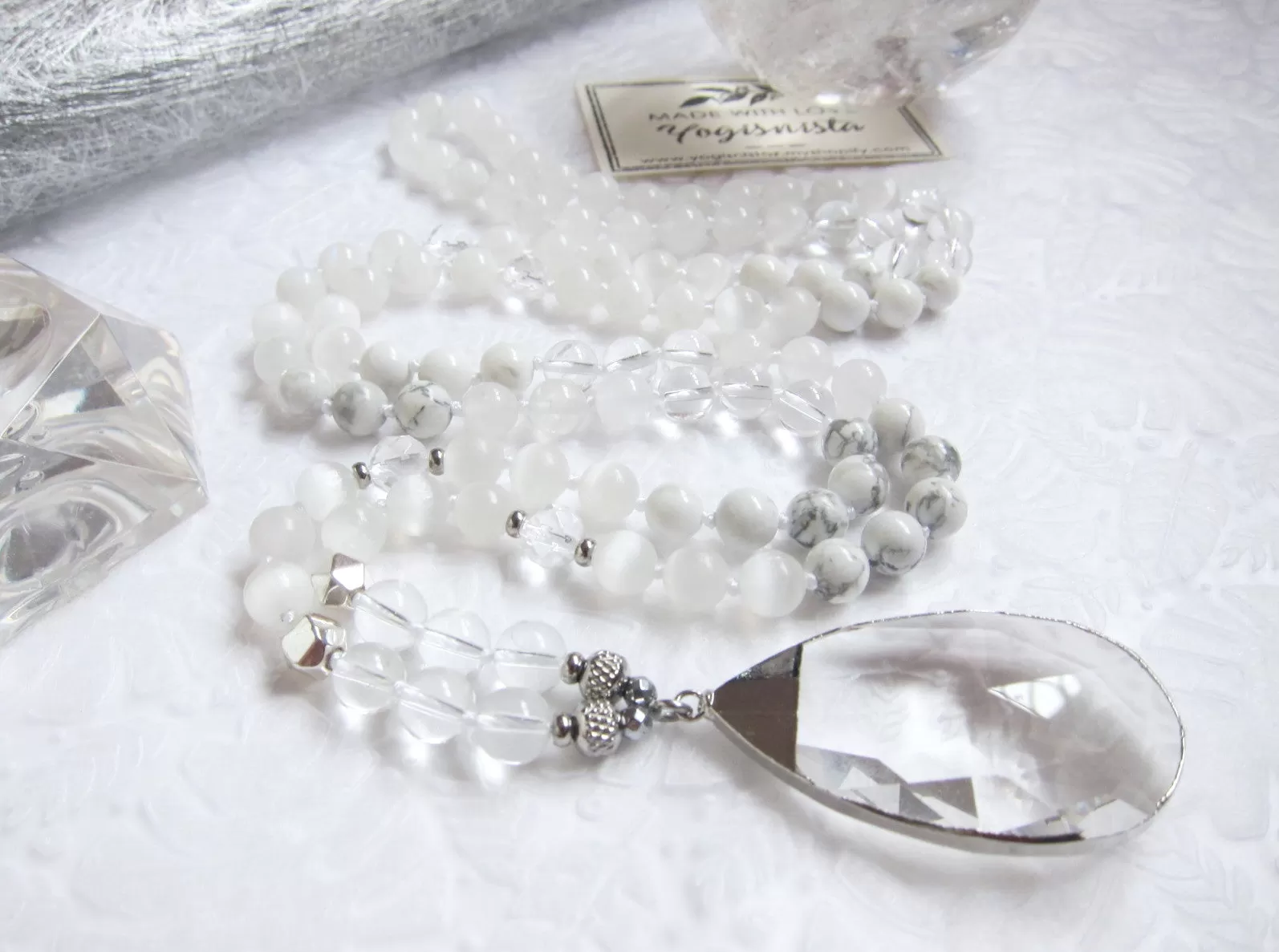 108 Glowing Quartz, Selenite, Moonstone Mala Necklace in Clear Quartz Pendant