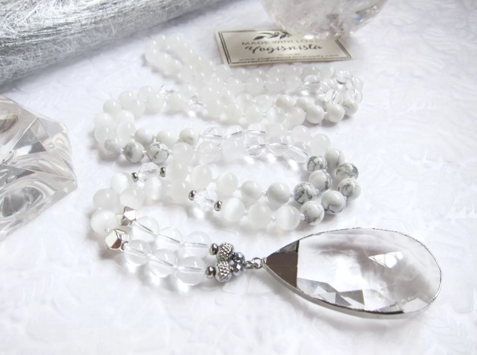 108 Glowing Quartz, Selenite, Moonstone Mala Necklace in Clear Quartz Pendant