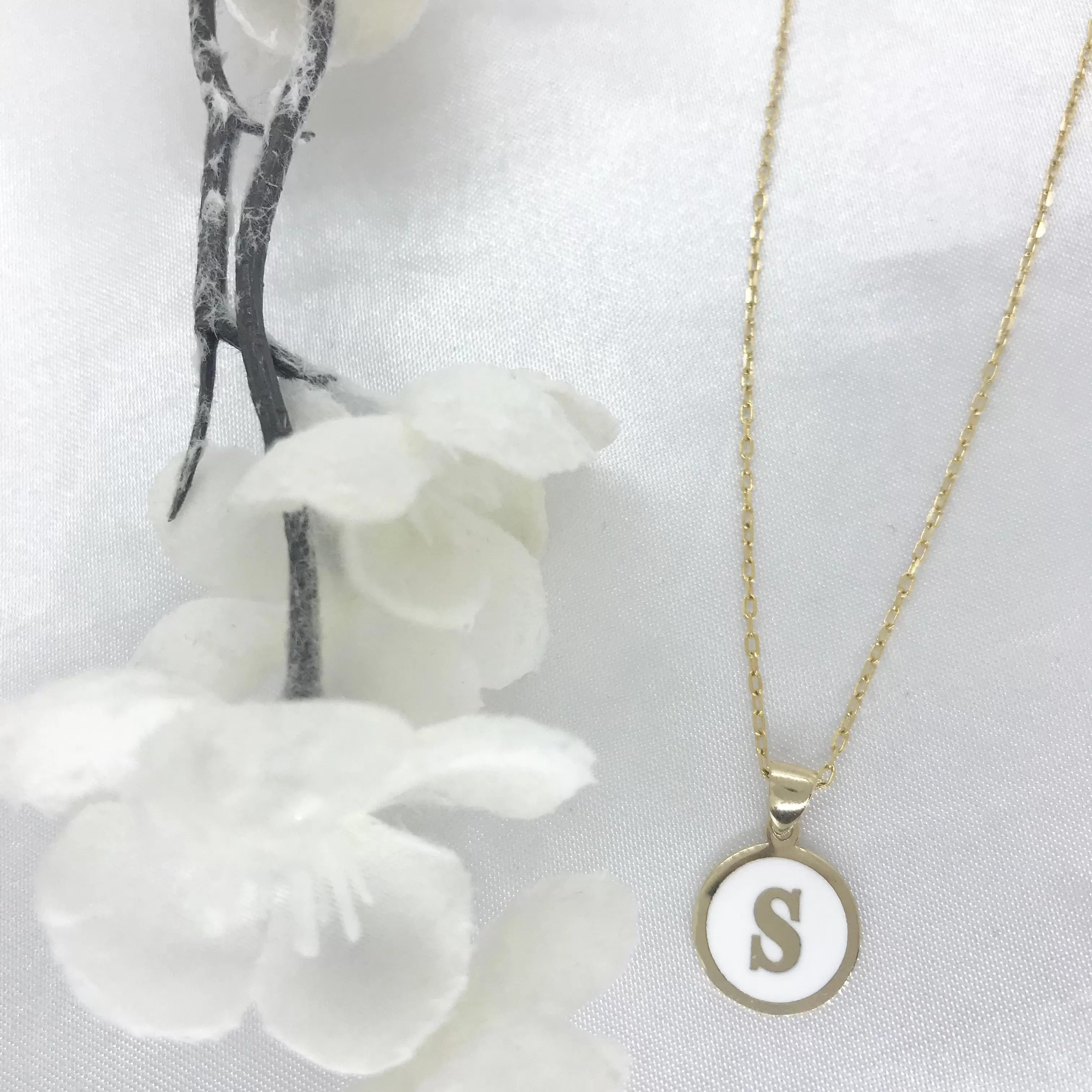 10k Gold White Enamel Letter Disk Necklace