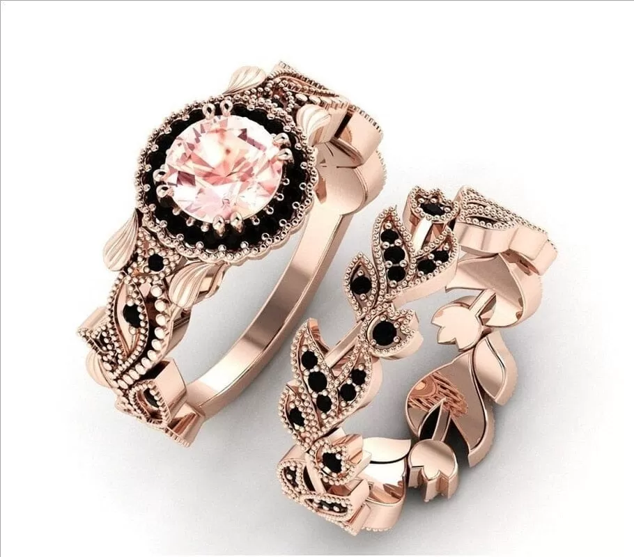 2 Pieces/set Exquisite Vintage Flower Vine Inlaid with Champagne Stones Ring