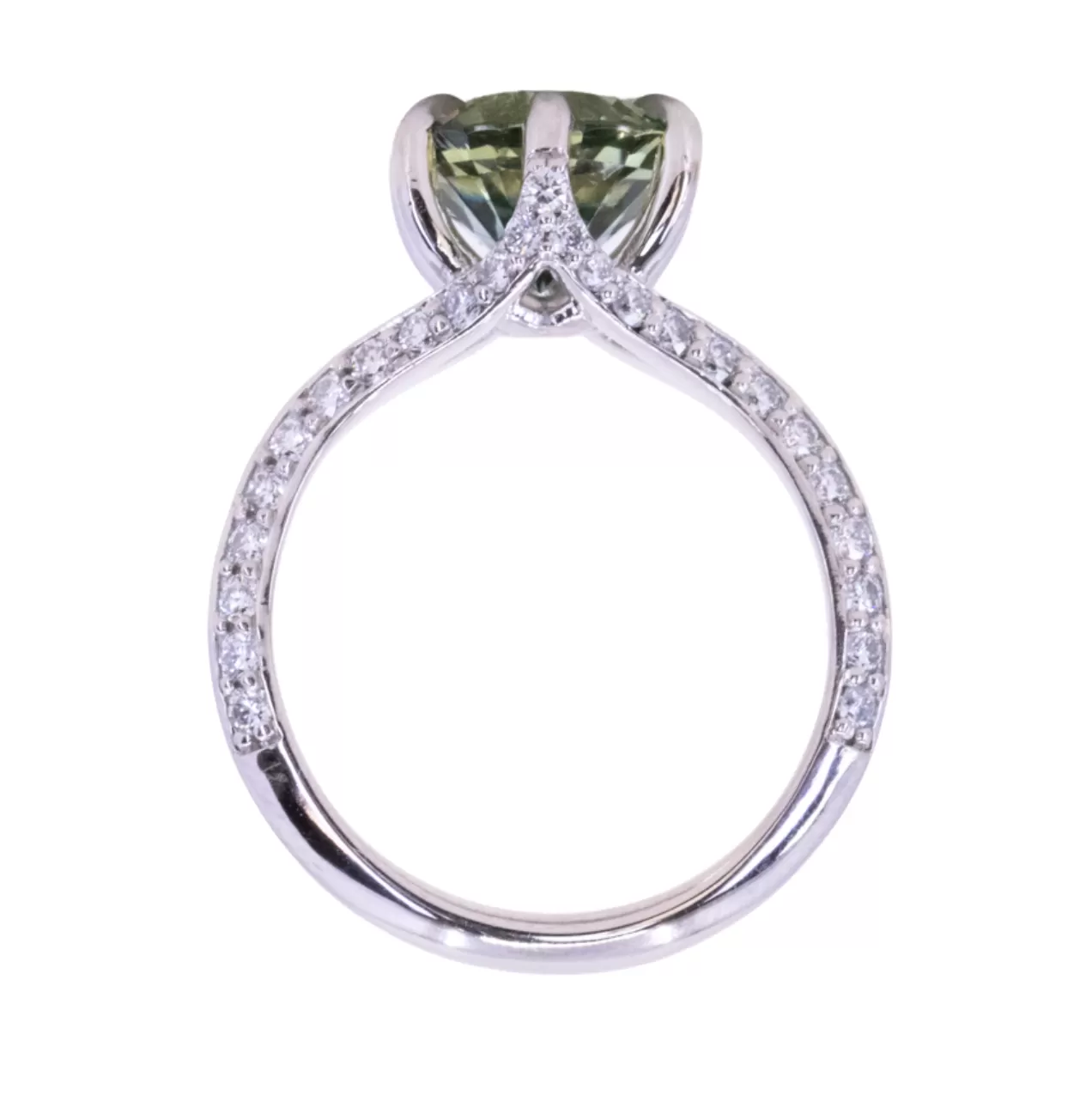 3.38ct Round Minty Green Madagascar Sapphire Diamond-studded Six Prong Split Shank Solitaire in Platinum