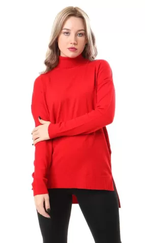 93985 Basic Long Sleeves High-Low Red Pullover