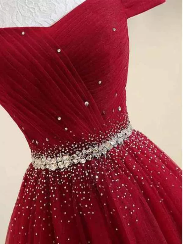 A-line Off the Shoulder Red Tulle Prom Dress Evening Dress with Beading, OL588