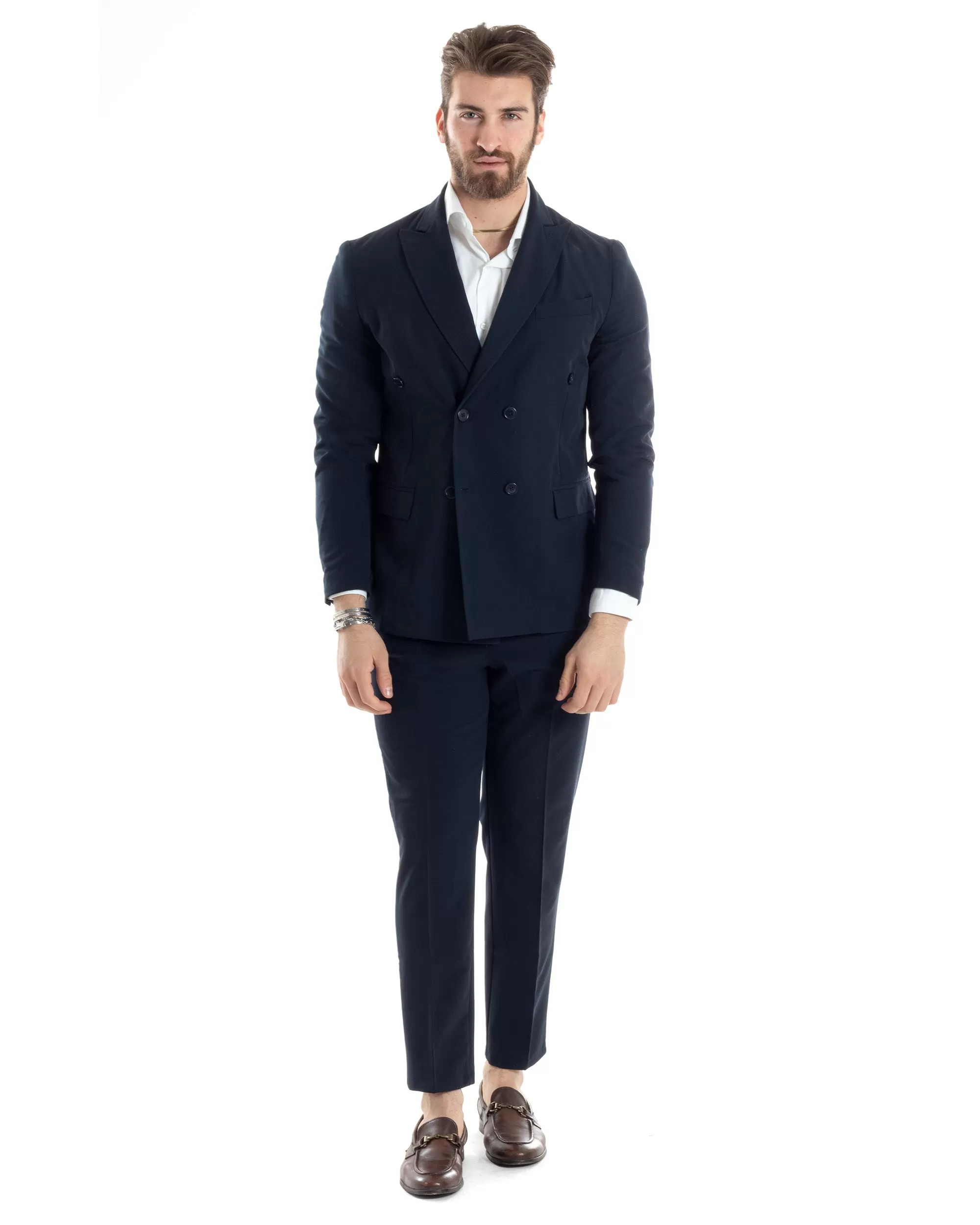 Abito Uomo Doppiopetto Vestito Completo Giacca Pantaloni Blu Tinta Unita Elegante Casual GIOSAL-AE1036A