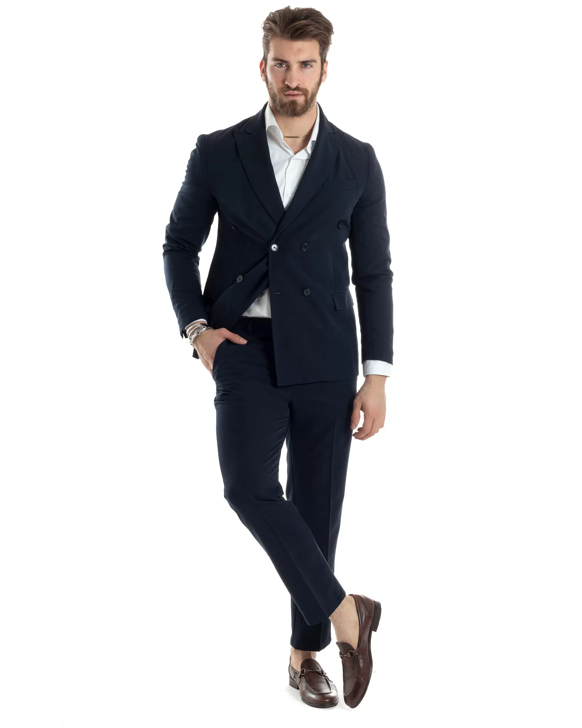 Abito Uomo Doppiopetto Vestito Completo Giacca Pantaloni Blu Tinta Unita Elegante Casual GIOSAL-AE1036A