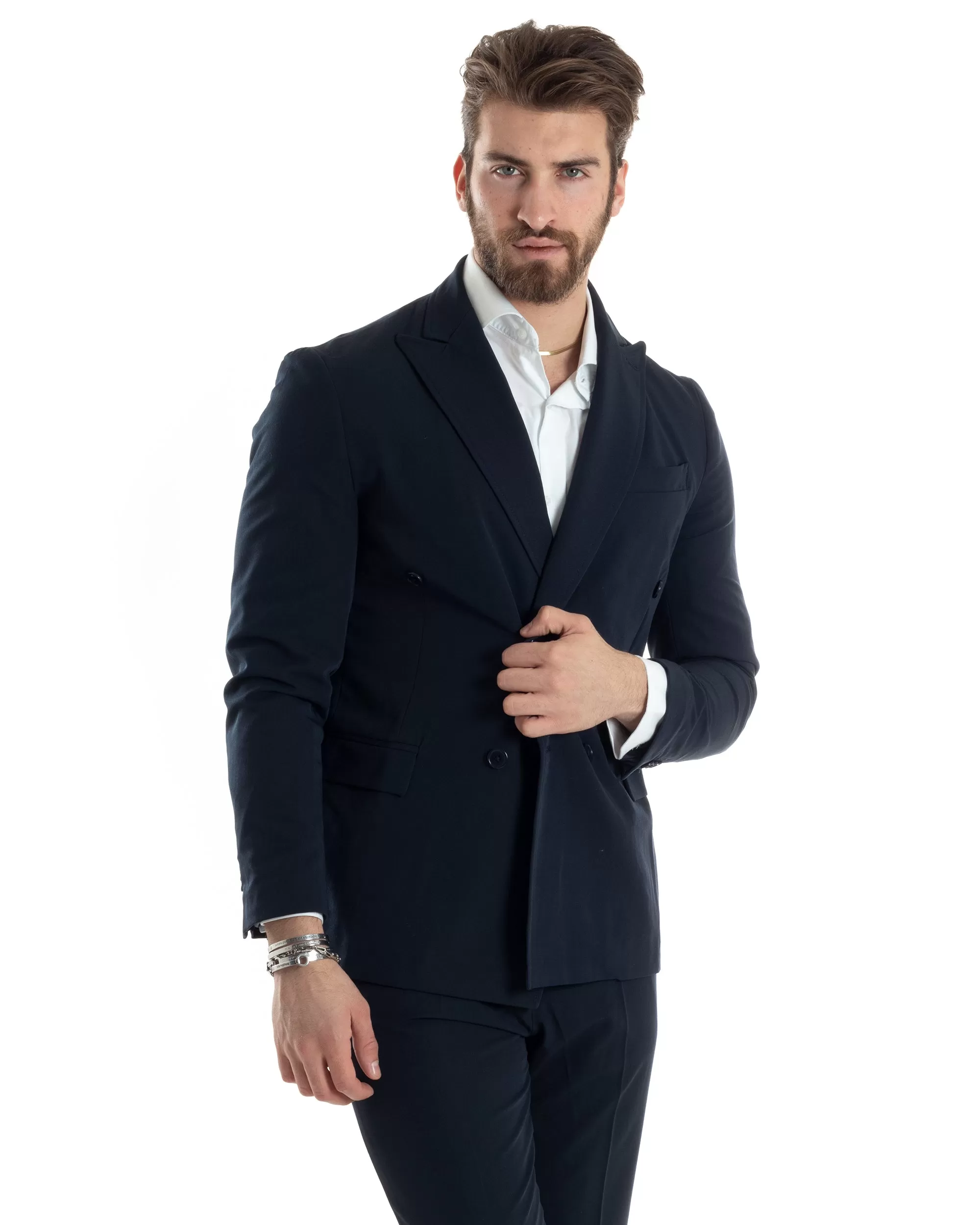 Abito Uomo Doppiopetto Vestito Completo Giacca Pantaloni Blu Tinta Unita Elegante Casual GIOSAL-AE1036A