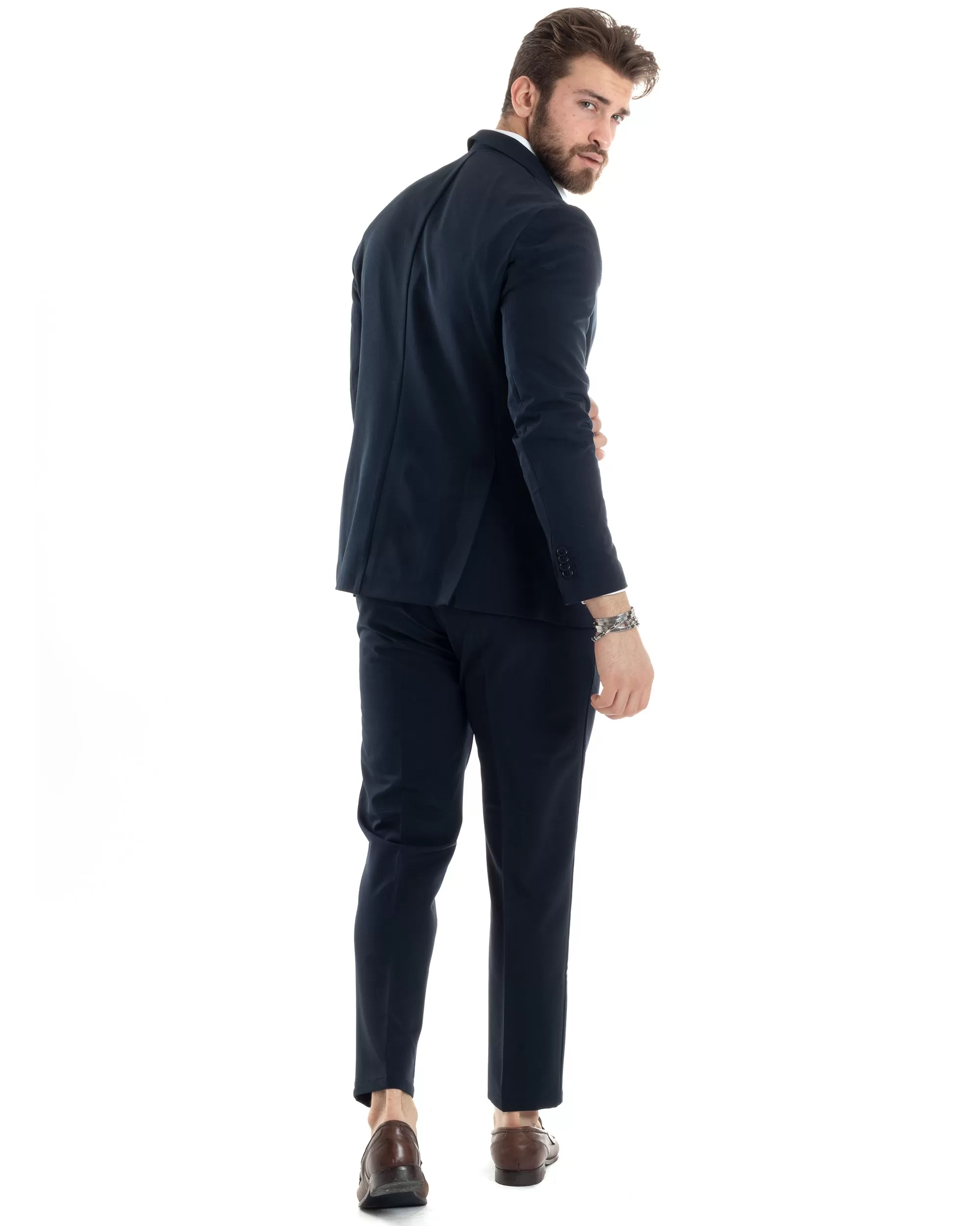 Abito Uomo Doppiopetto Vestito Completo Giacca Pantaloni Blu Tinta Unita Elegante Casual GIOSAL-AE1036A