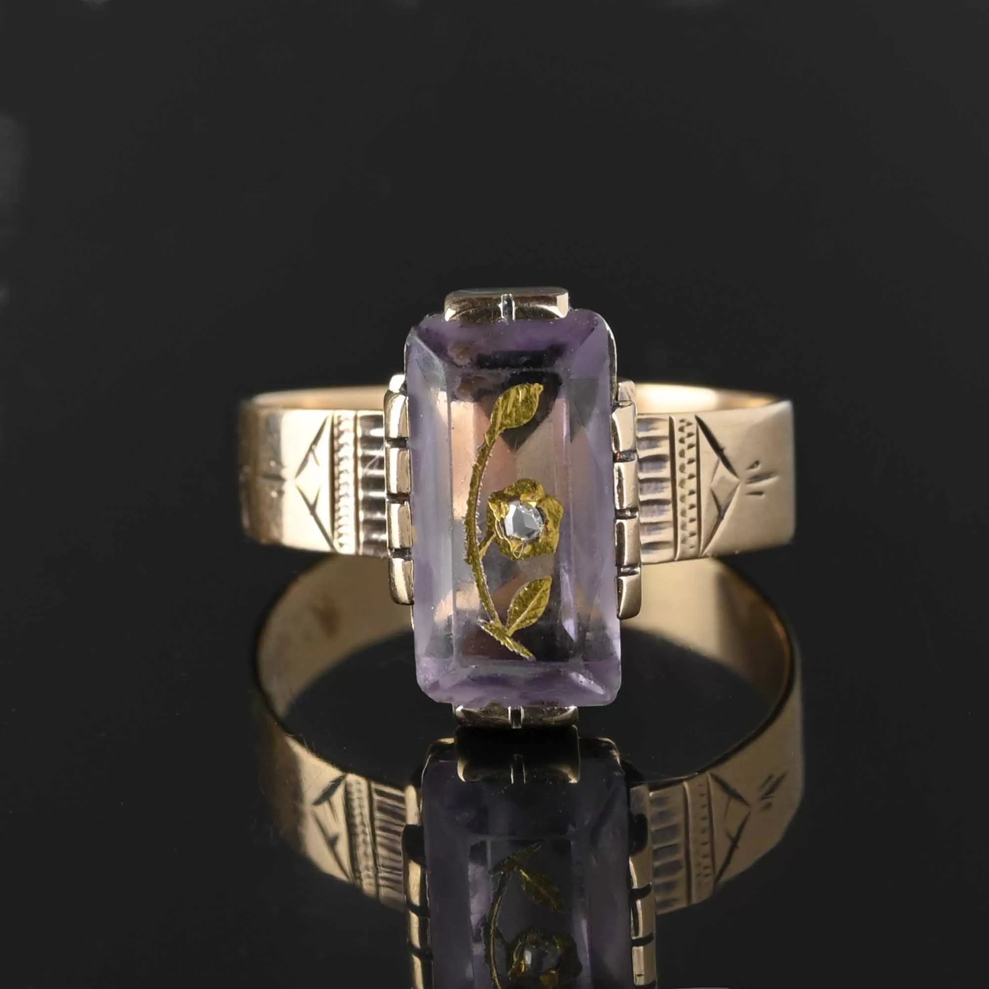 Antique Rose of Sharon Intaglio Diamond Amethyst Ring