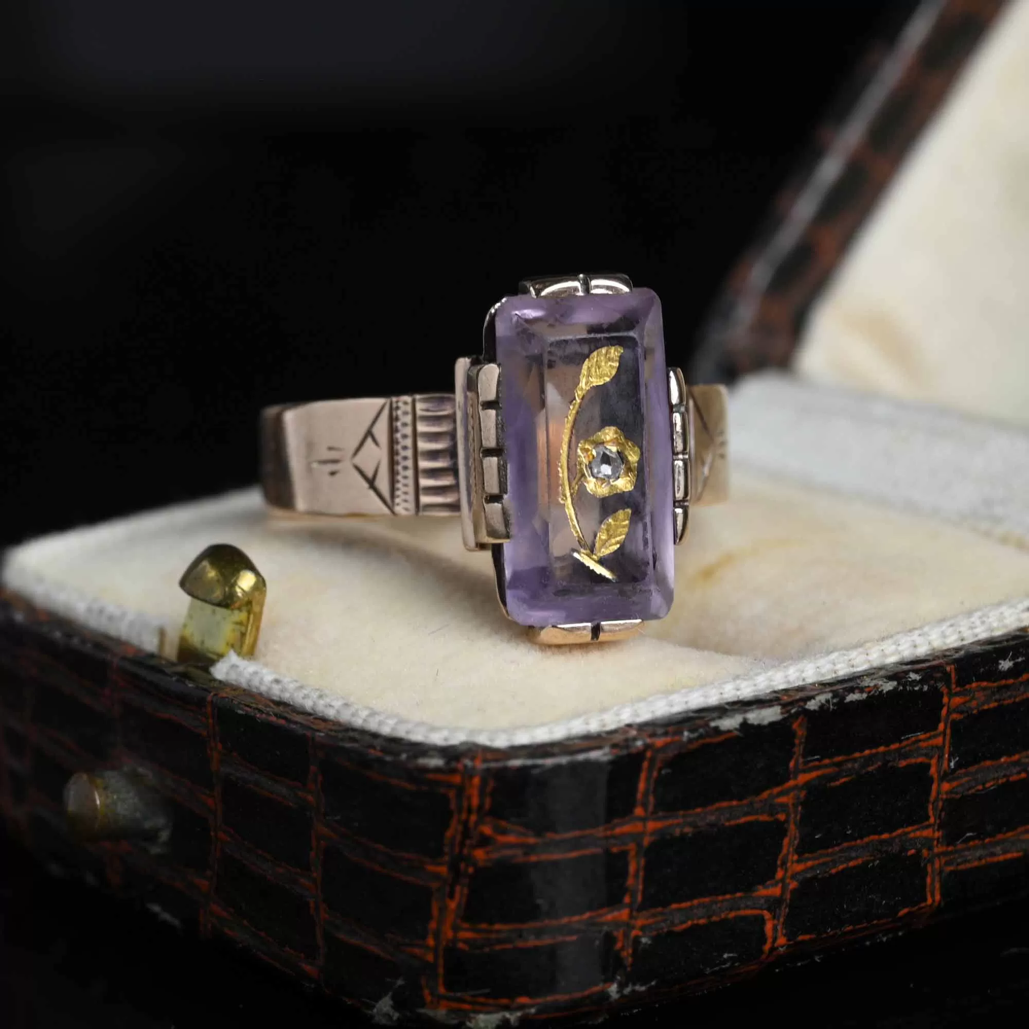 Antique Rose of Sharon Intaglio Diamond Amethyst Ring