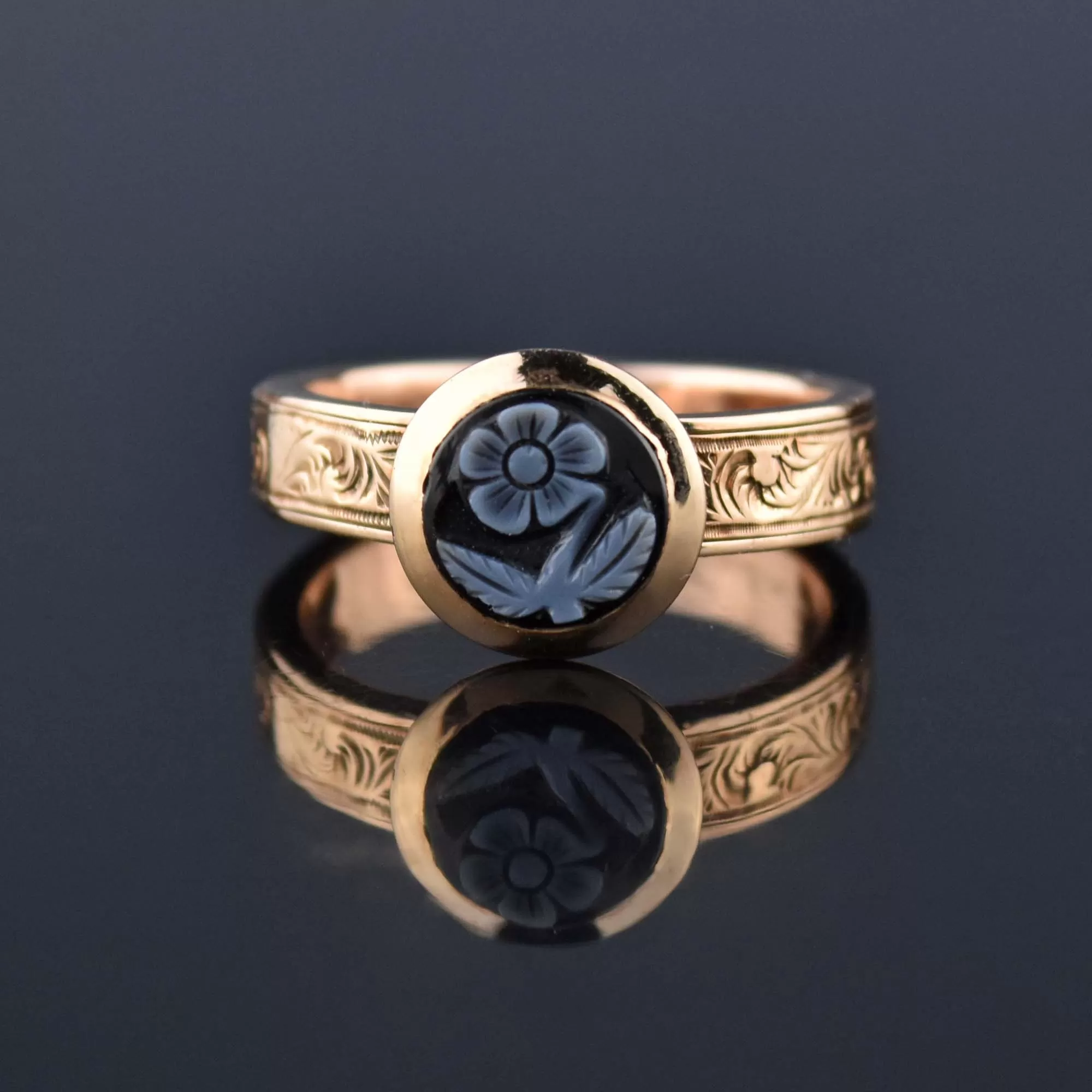 Antique Secret Compartment 14K Gold Ring, Onyx Forget Me Not