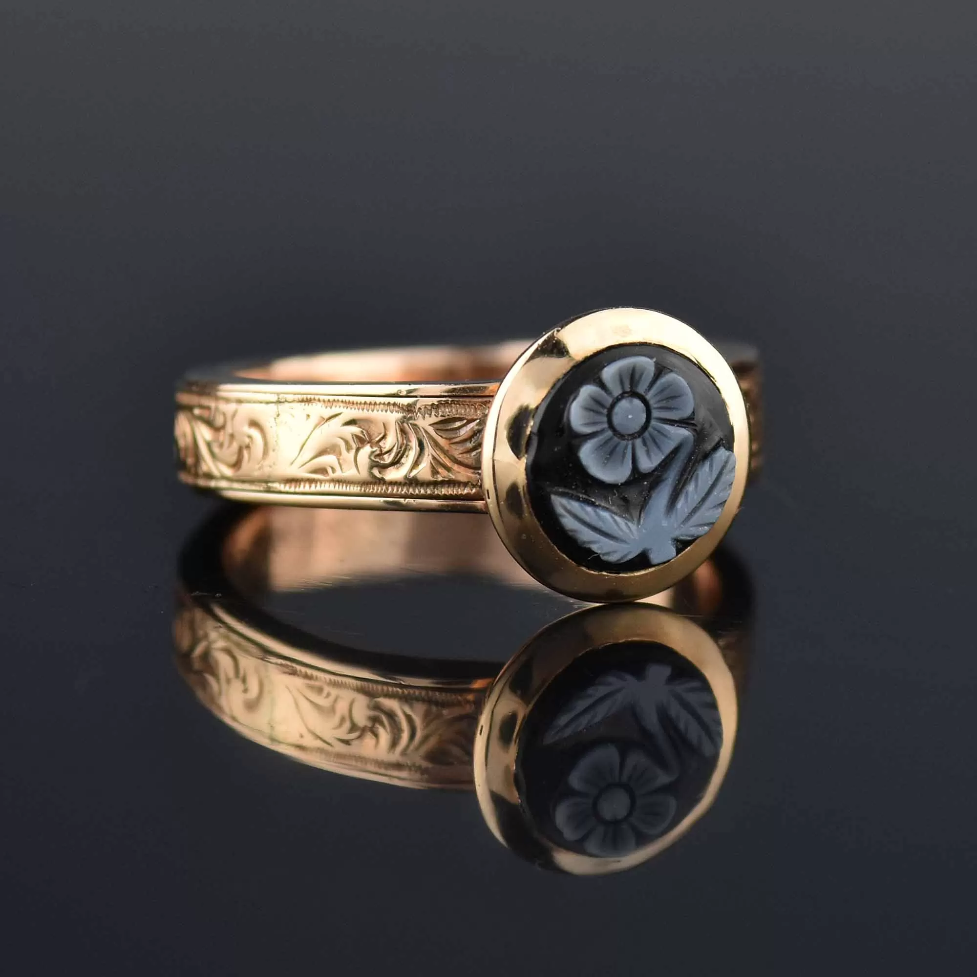 Antique Secret Compartment 14K Gold Ring, Onyx Forget Me Not