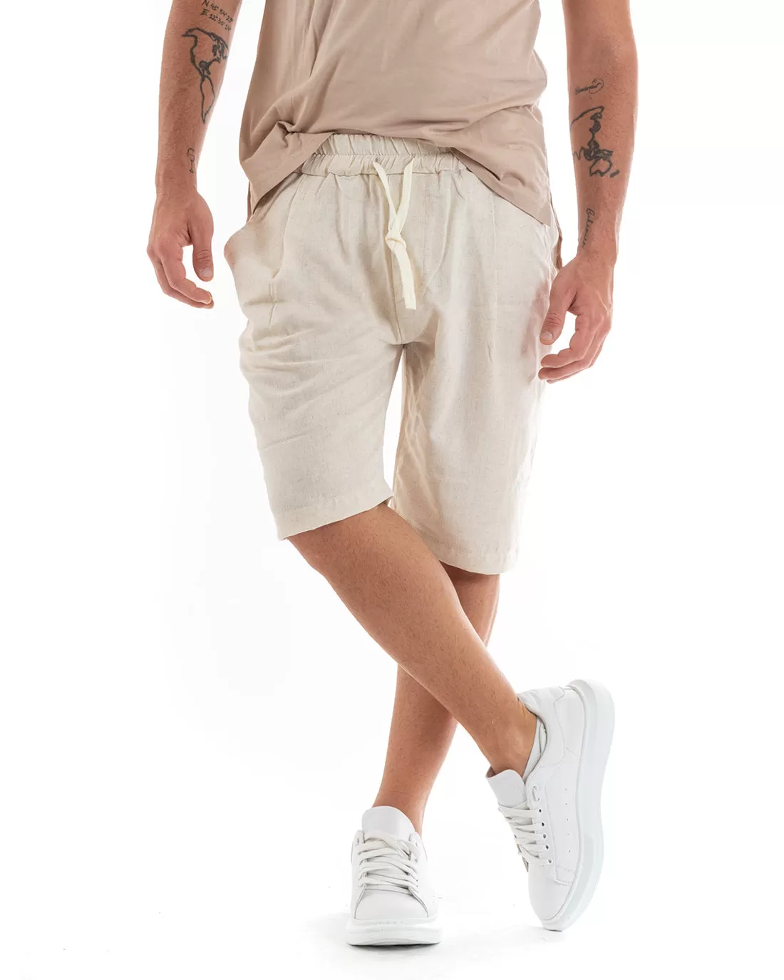 Bermuda Pantaloncino Uomo Corto Lino Pantalaccio Tinta Unita Beige Basic GIOSAL-PC1925A