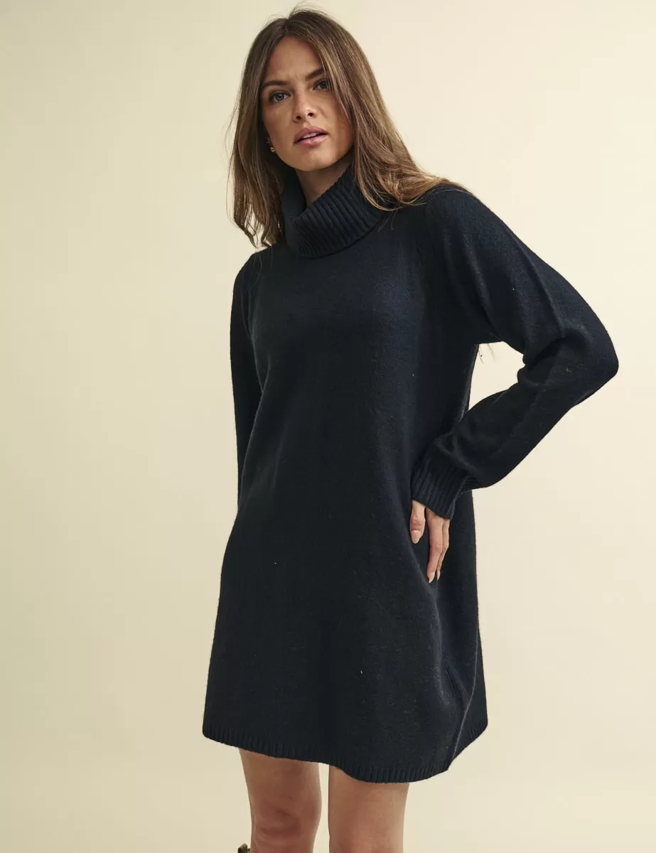 Black Roll Neck A-Line Knitted Mini Jumper Dress