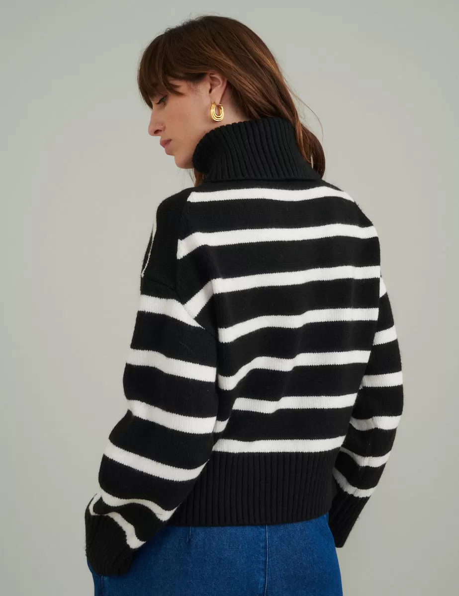 Black Stripe Roll Neck Knitted Jumper