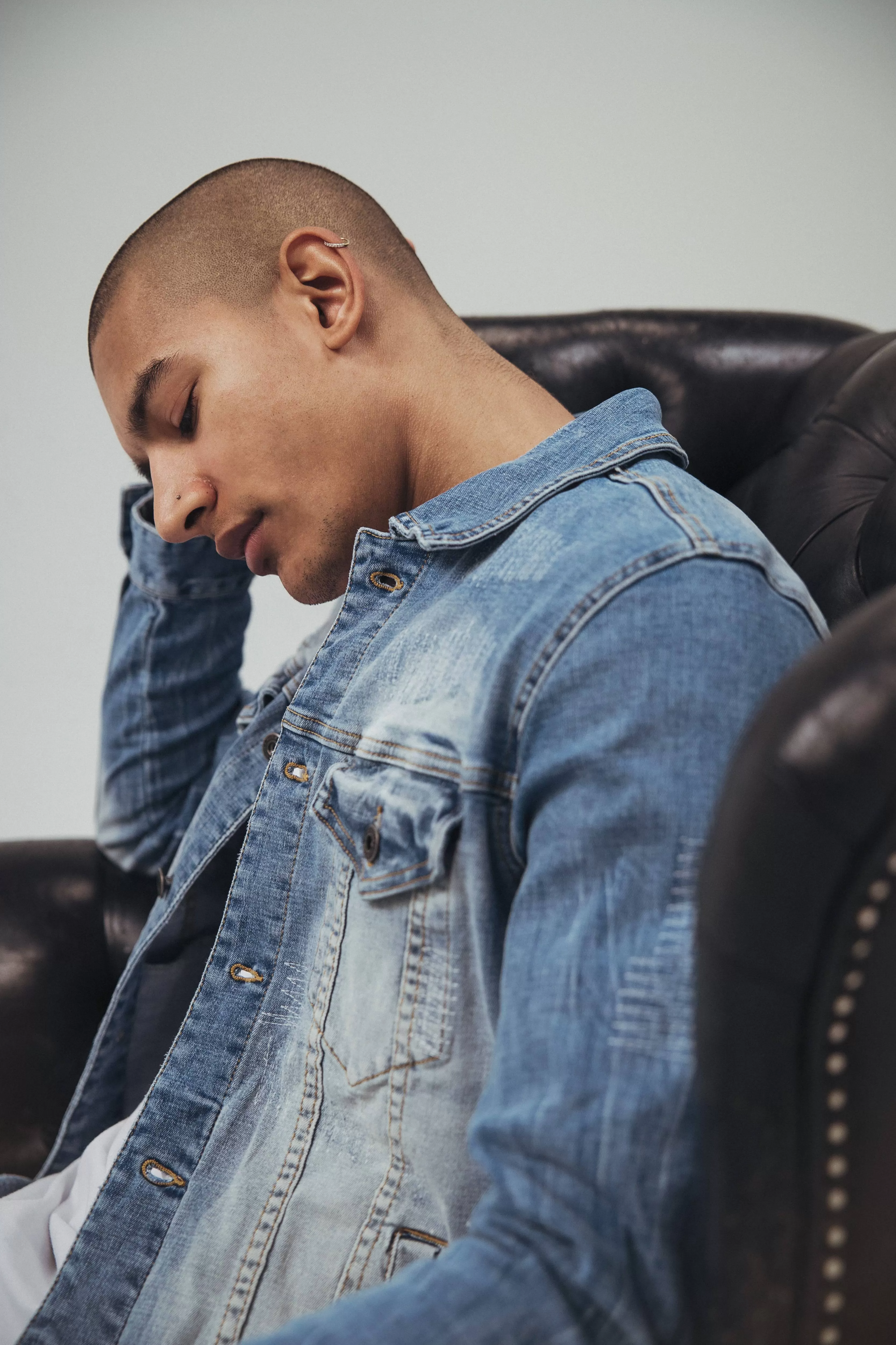 Bleached Detail Semi Basic Jean Jacket - Ocean Blue