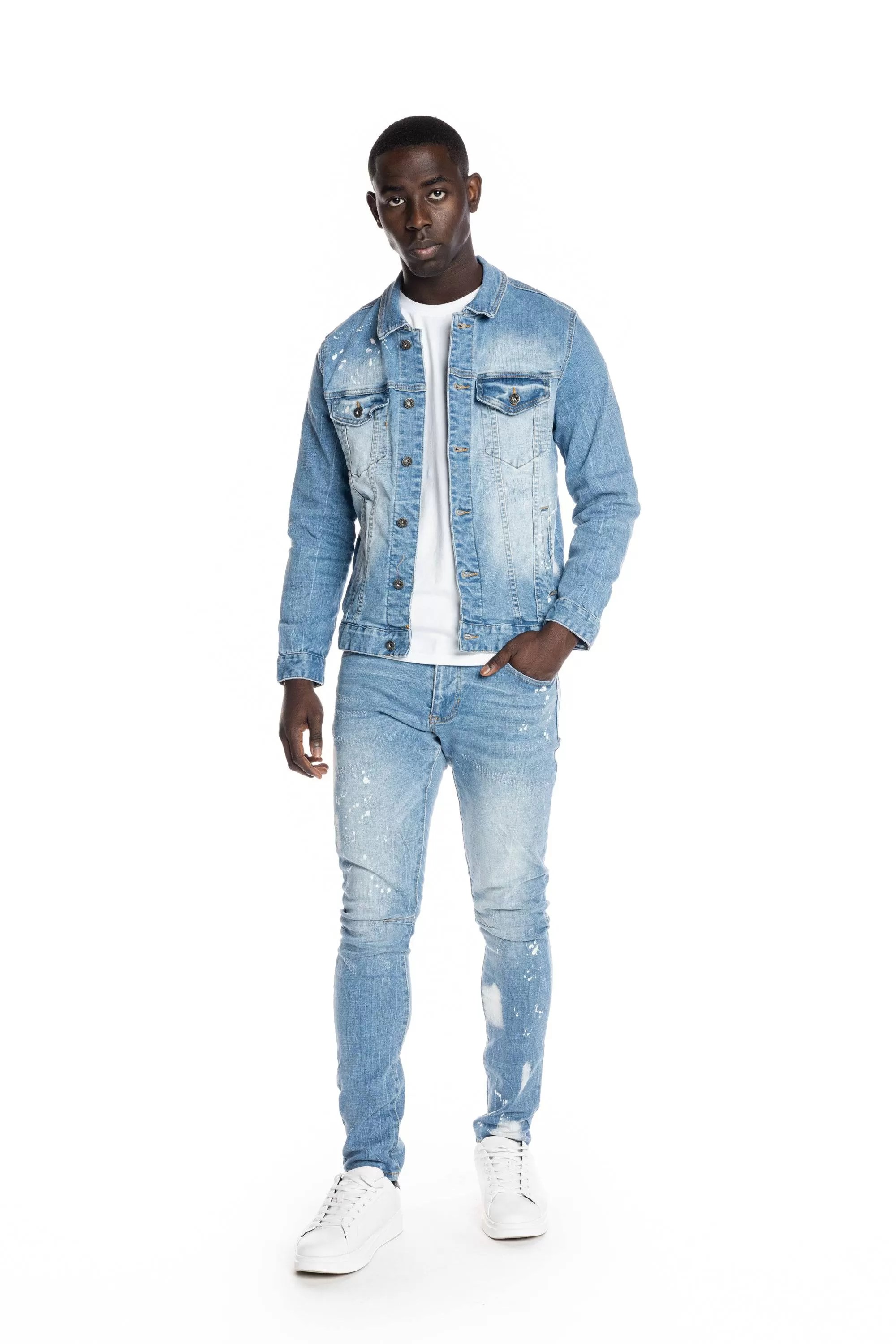 Bleached Detail Semi Basic Jean Jacket - Ocean Blue