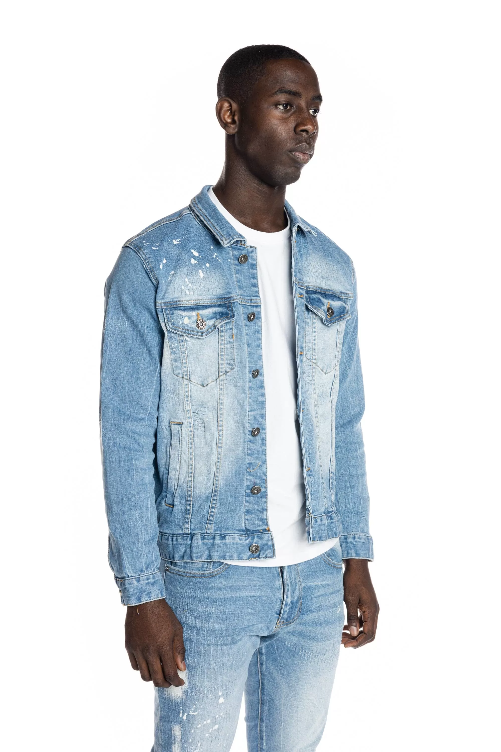 Bleached Detail Semi Basic Jean Jacket - Ocean Blue