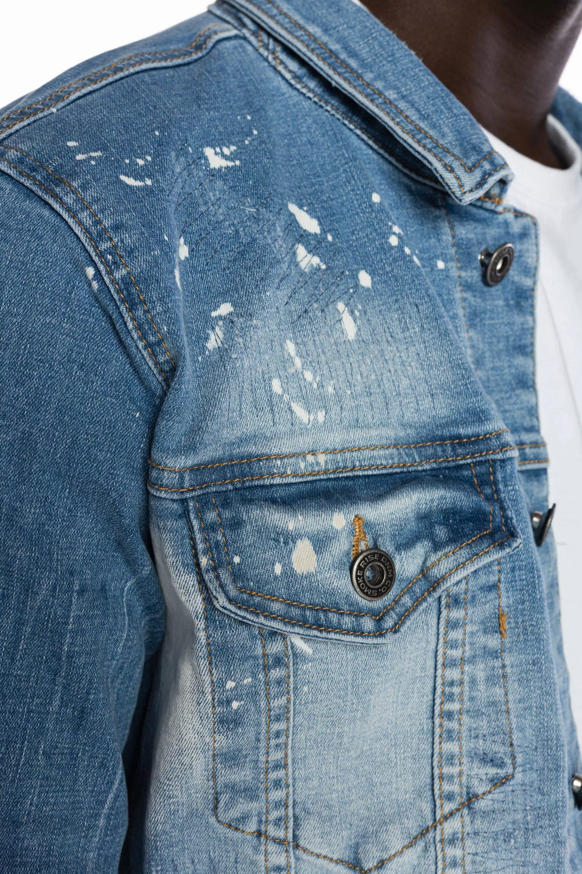 Bleached Detail Semi Basic Jean Jacket - Ocean Blue