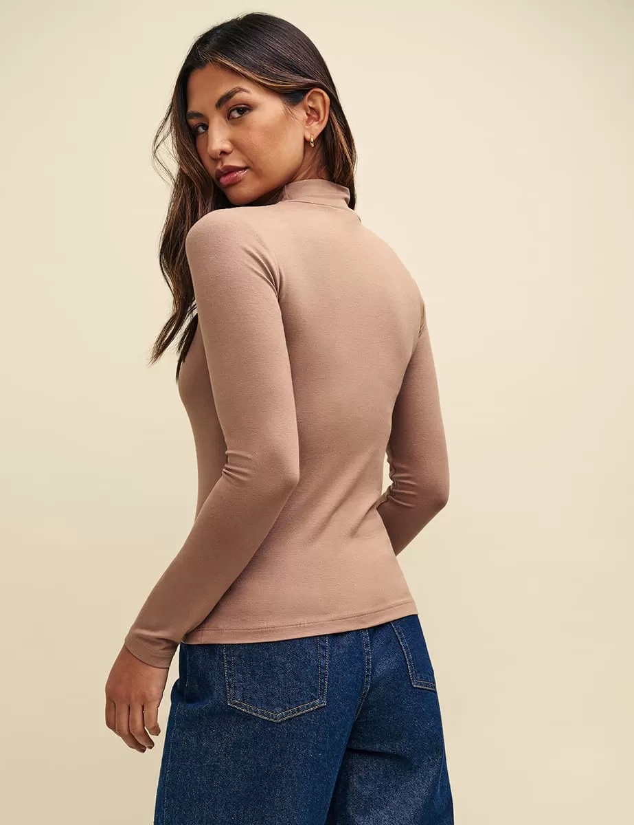 Brown Funnel Neck Long Sleeve Jersey Top