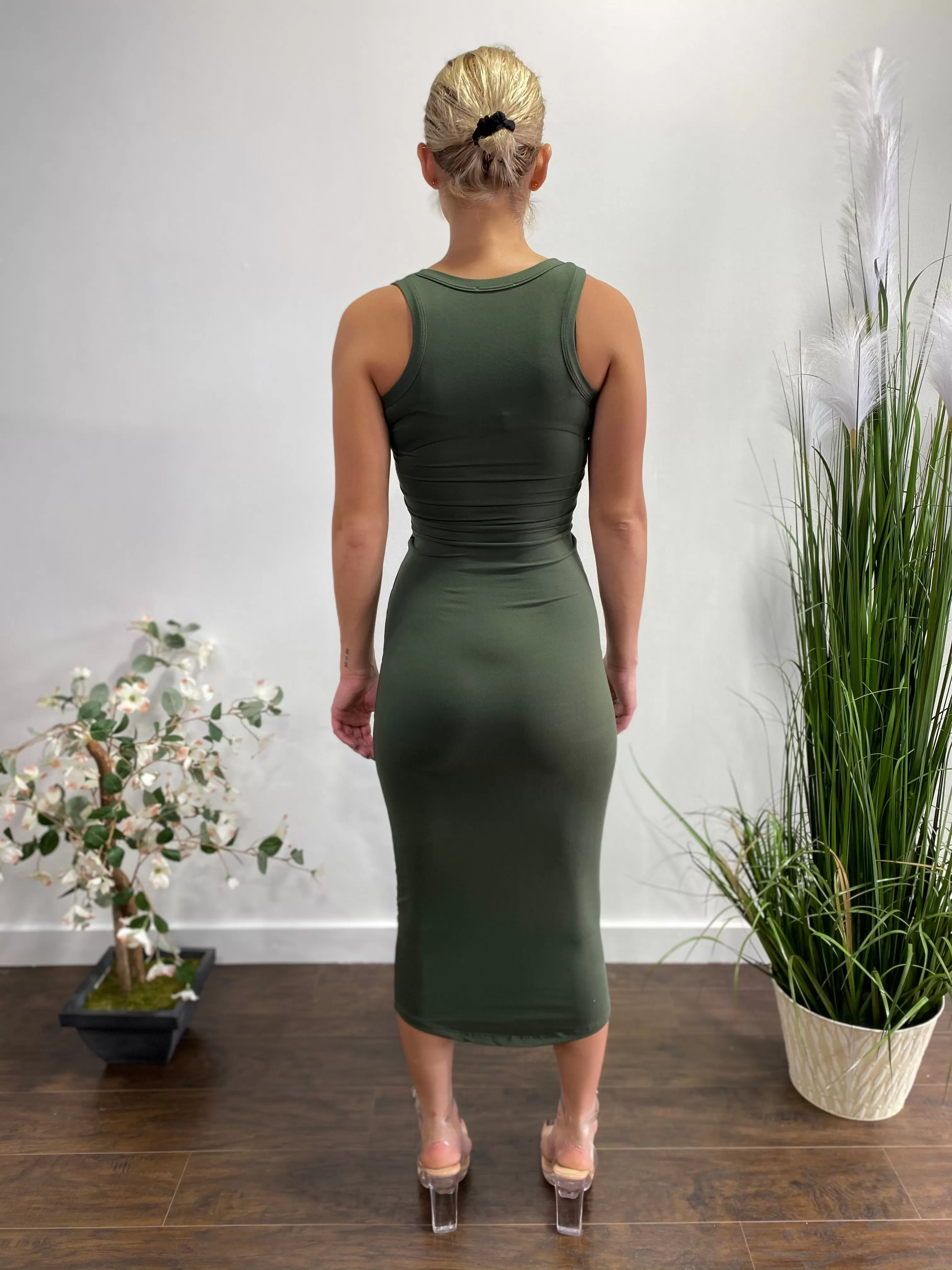 Capella Split Neck Bodycon Tank Dress (Olive) BD2173