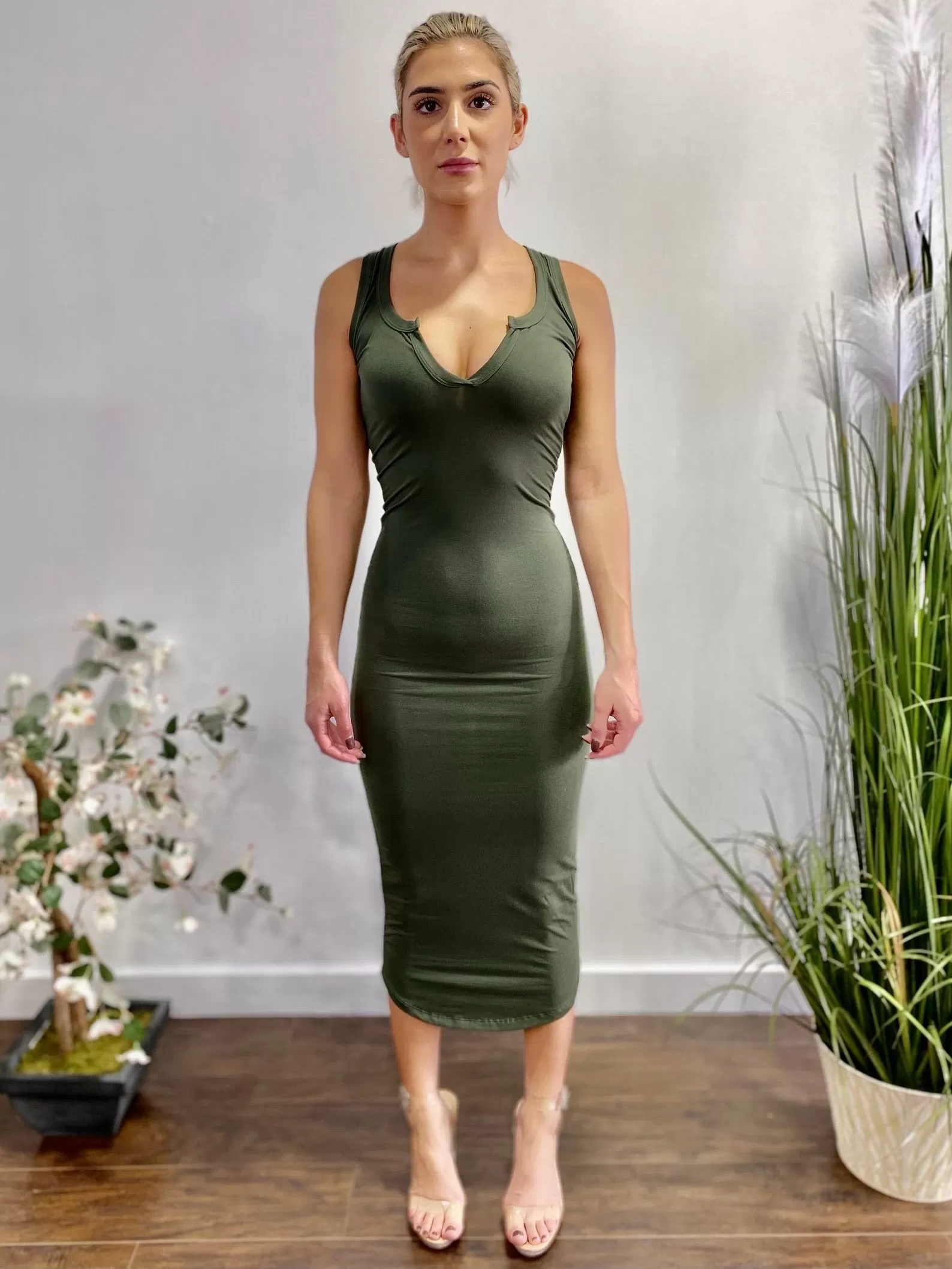 Capella Split Neck Bodycon Tank Dress (Olive) BD2173