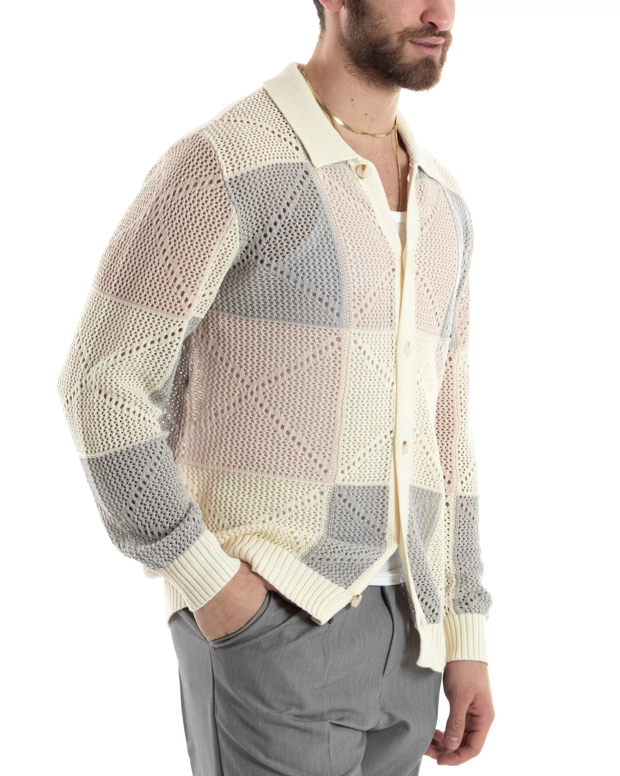 Cardigan Uomo Con Colletto Maglia Multicolore Polo Bucata Giacca Con Bottoni Beige Casual GIOSAL-M2816A