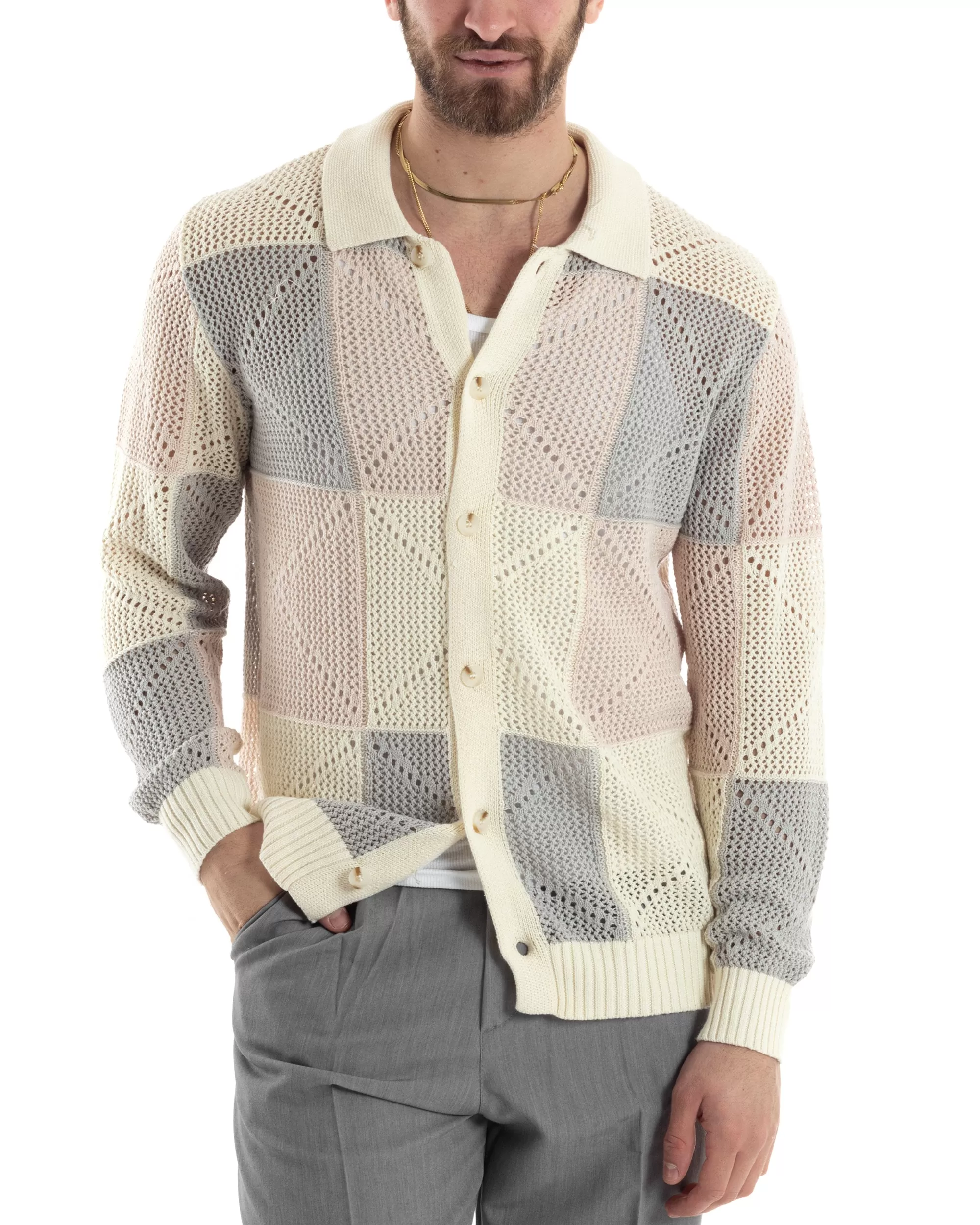 Cardigan Uomo Con Colletto Maglia Multicolore Polo Bucata Giacca Con Bottoni Beige Casual GIOSAL-M2816A