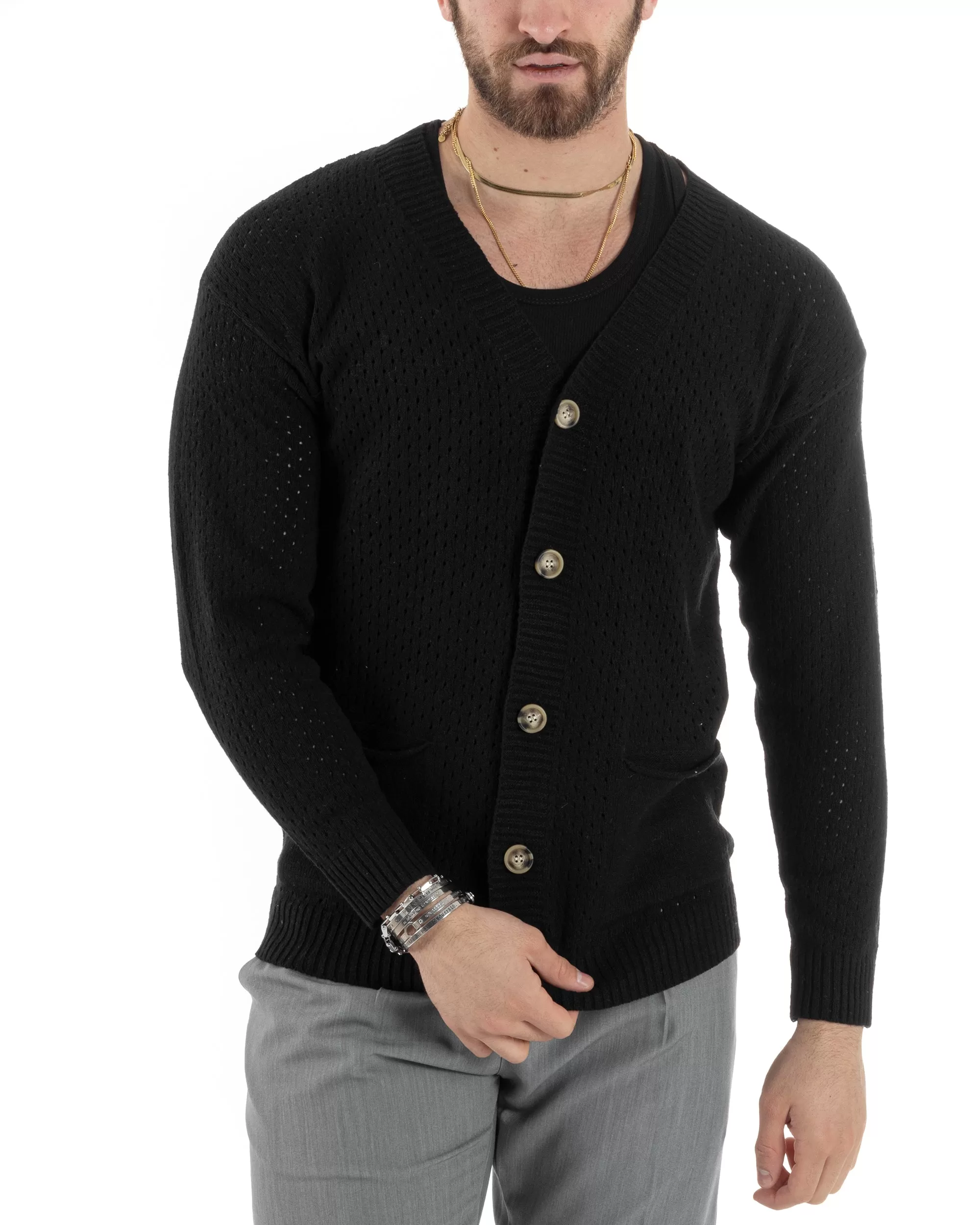 Cardigan Uomo Scollo V Maglia Bucata Maglioncino Traforato Giacca Con Bottoni Nero Casual GIOSAL-M2821A