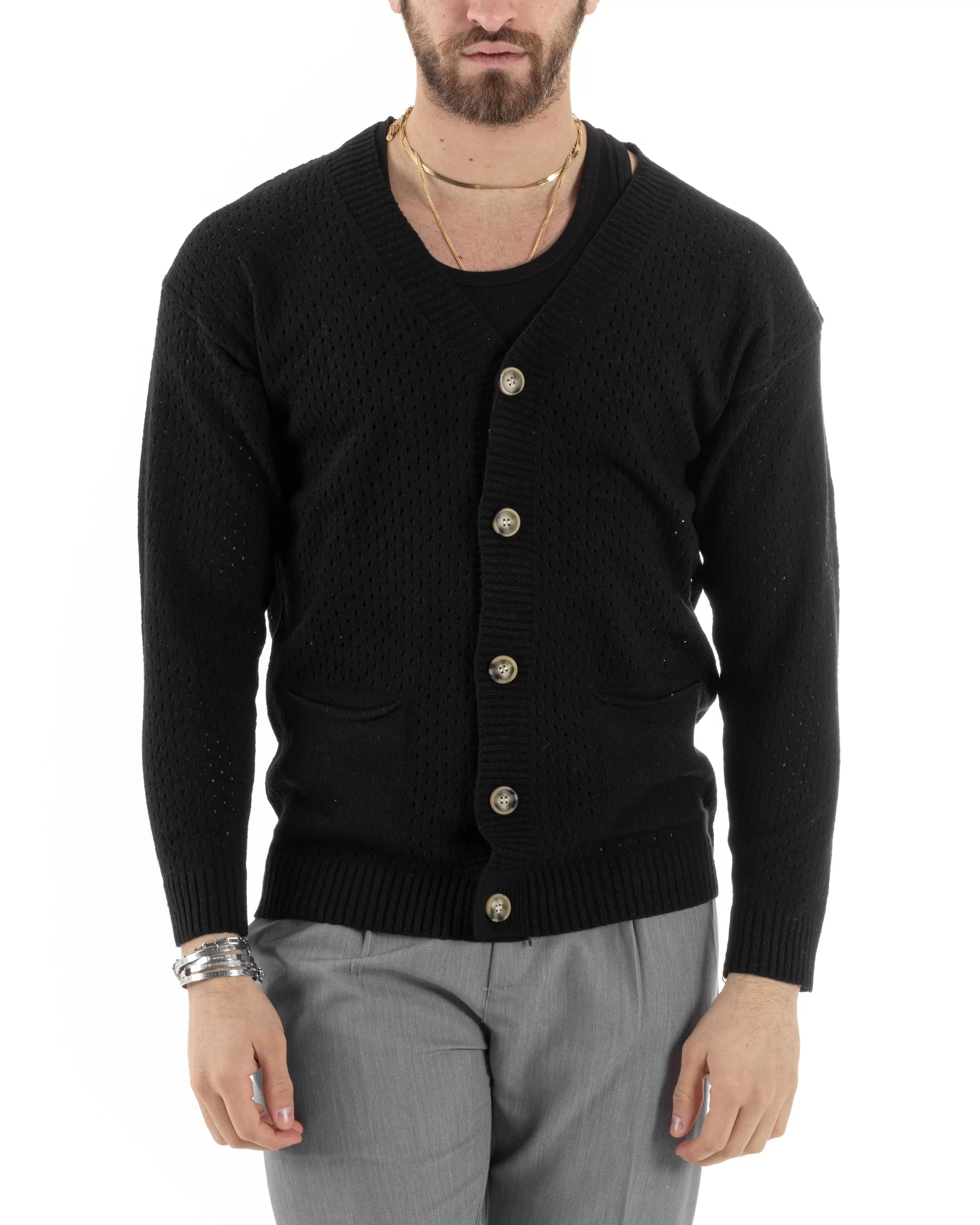 Cardigan Uomo Scollo V Maglia Bucata Maglioncino Traforato Giacca Con Bottoni Nero Casual GIOSAL-M2821A