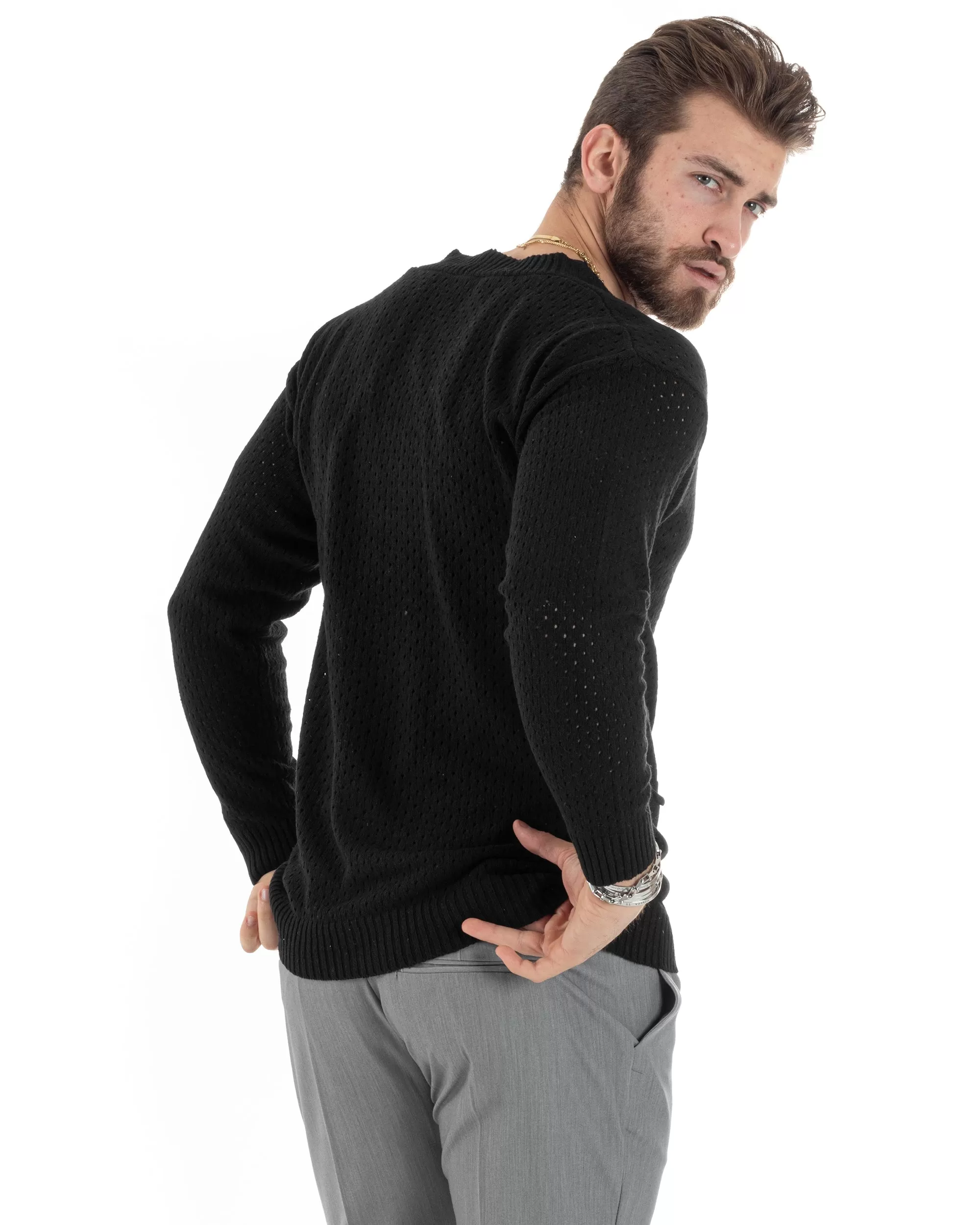 Cardigan Uomo Scollo V Maglia Bucata Maglioncino Traforato Giacca Con Bottoni Nero Casual GIOSAL-M2821A