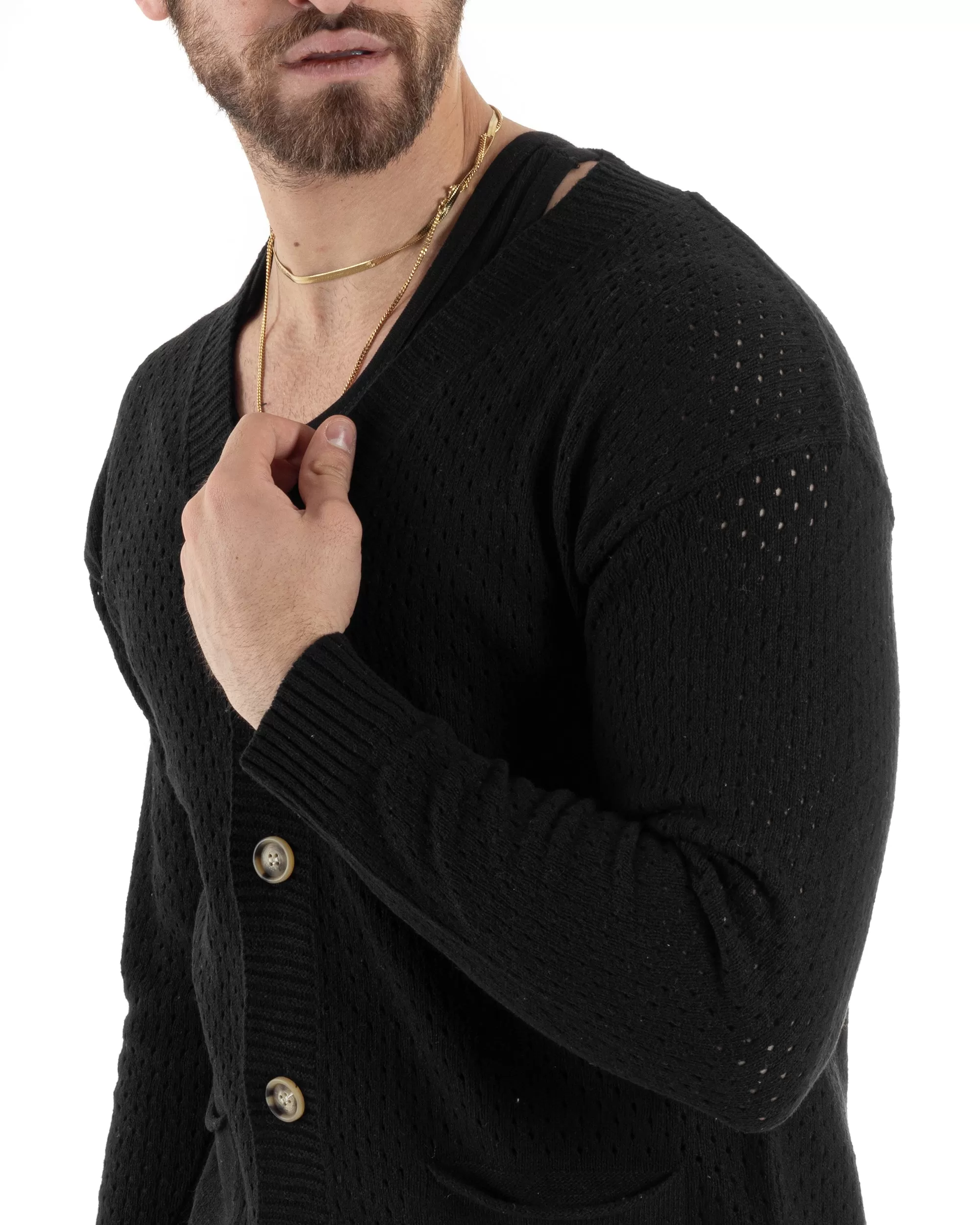 Cardigan Uomo Scollo V Maglia Bucata Maglioncino Traforato Giacca Con Bottoni Nero Casual GIOSAL-M2821A