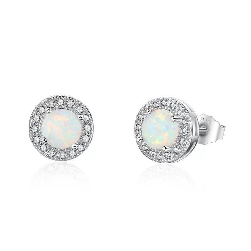 Classic Round Halo White Silver Earrings