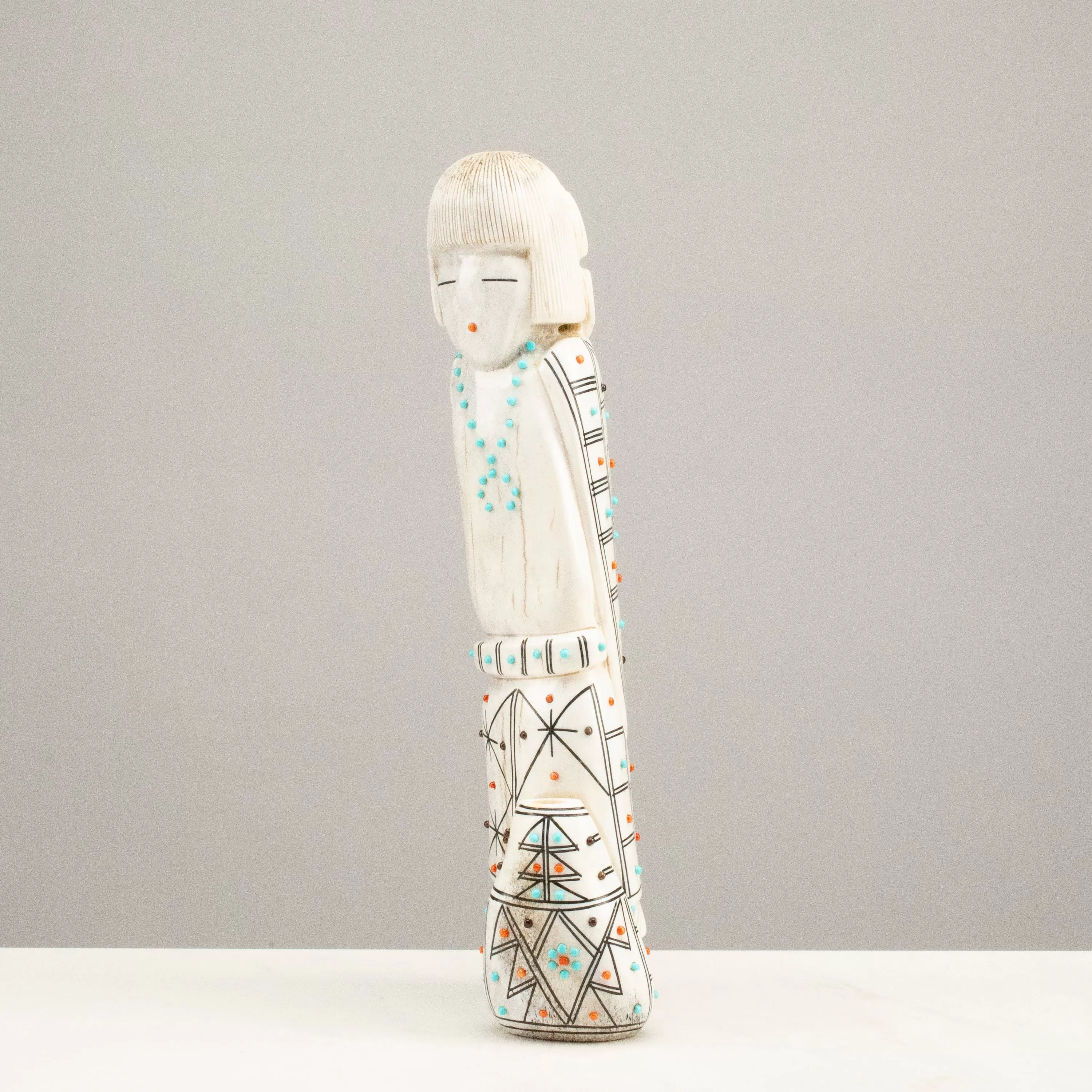 Claudia Peina Serpentine with Turquoise & Coral Handmade Zuni Maiden Fetish Carving