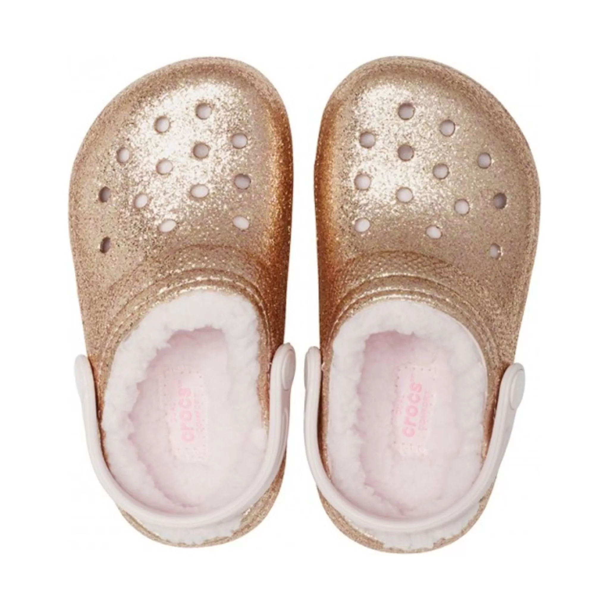 Crocs Kids' Classic Fuzz Lined Glitter Clogs - Gold/Barely Pink