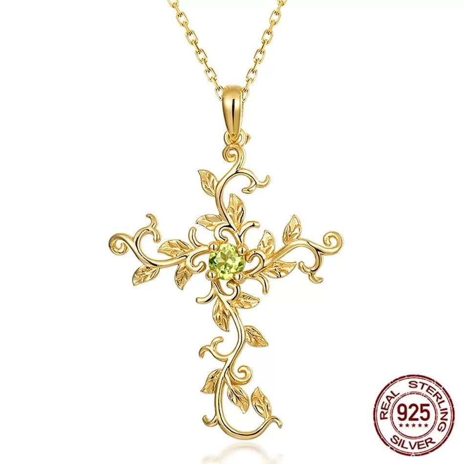 Cross Vine Flower Peridot Pendant Necklace- 925 Sterling Silver