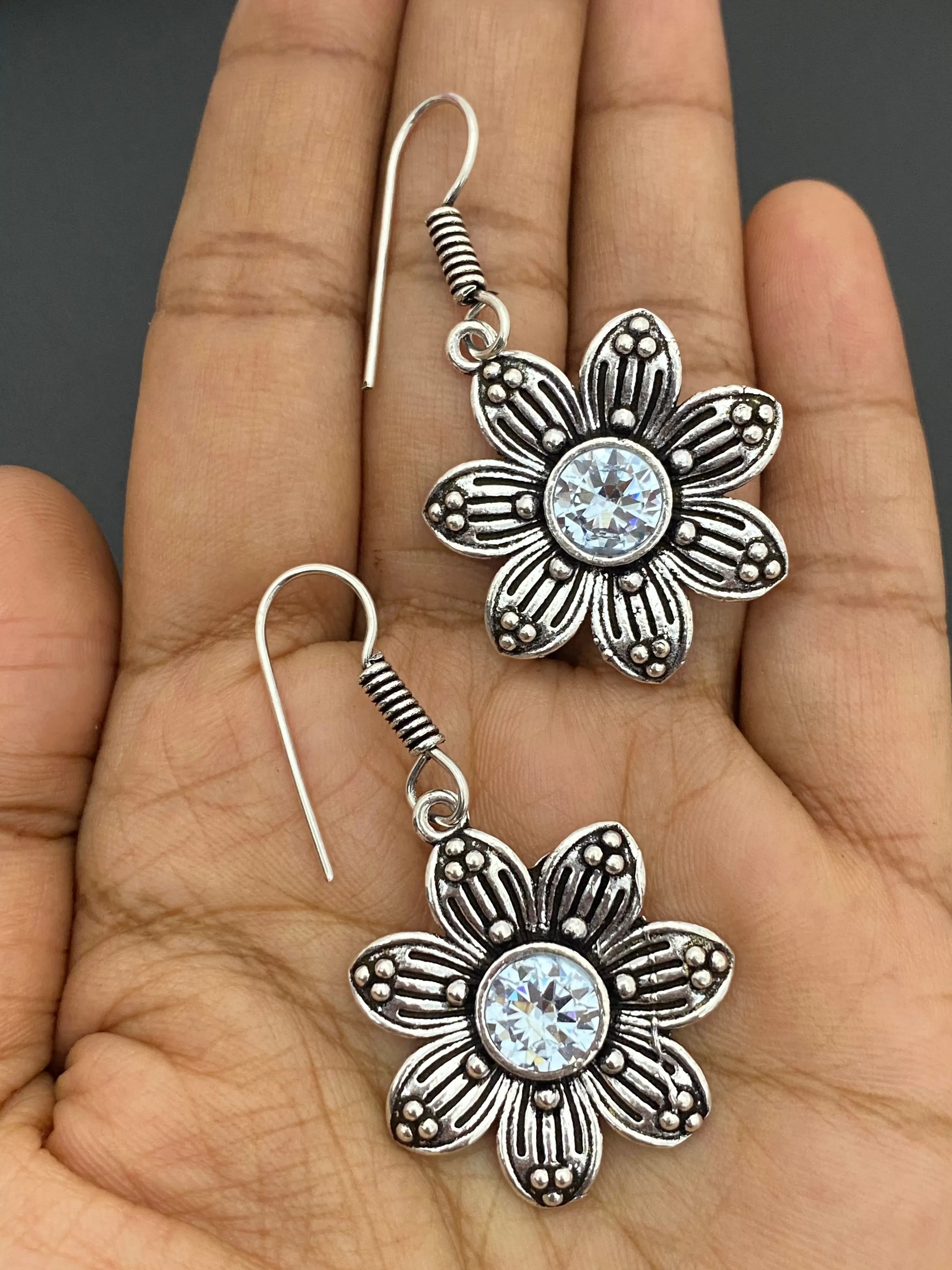 Dazzling Light Blue stone Flower Design Oxidized Earrings For Women