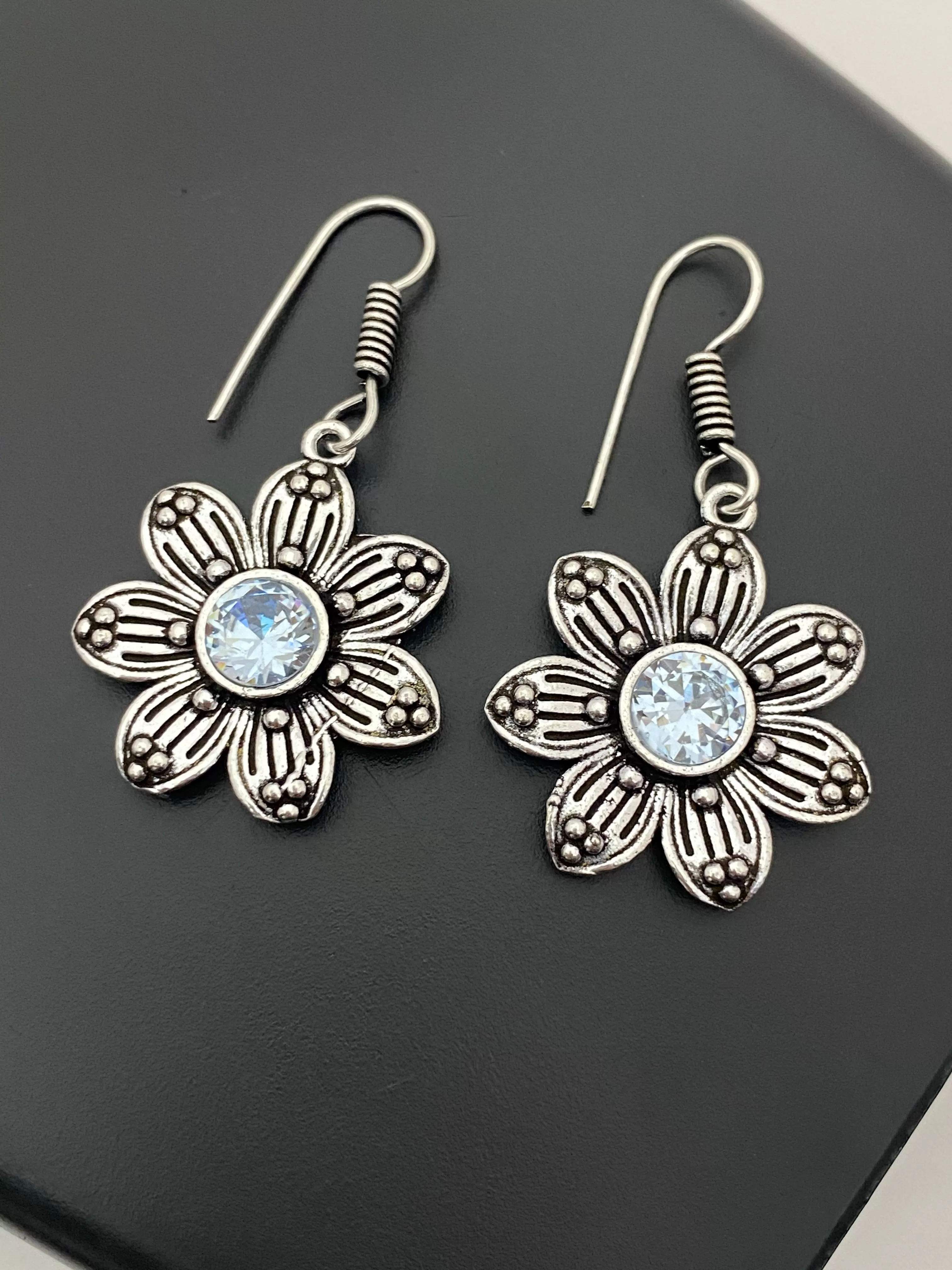 Dazzling Light Blue stone Flower Design Oxidized Earrings For Women