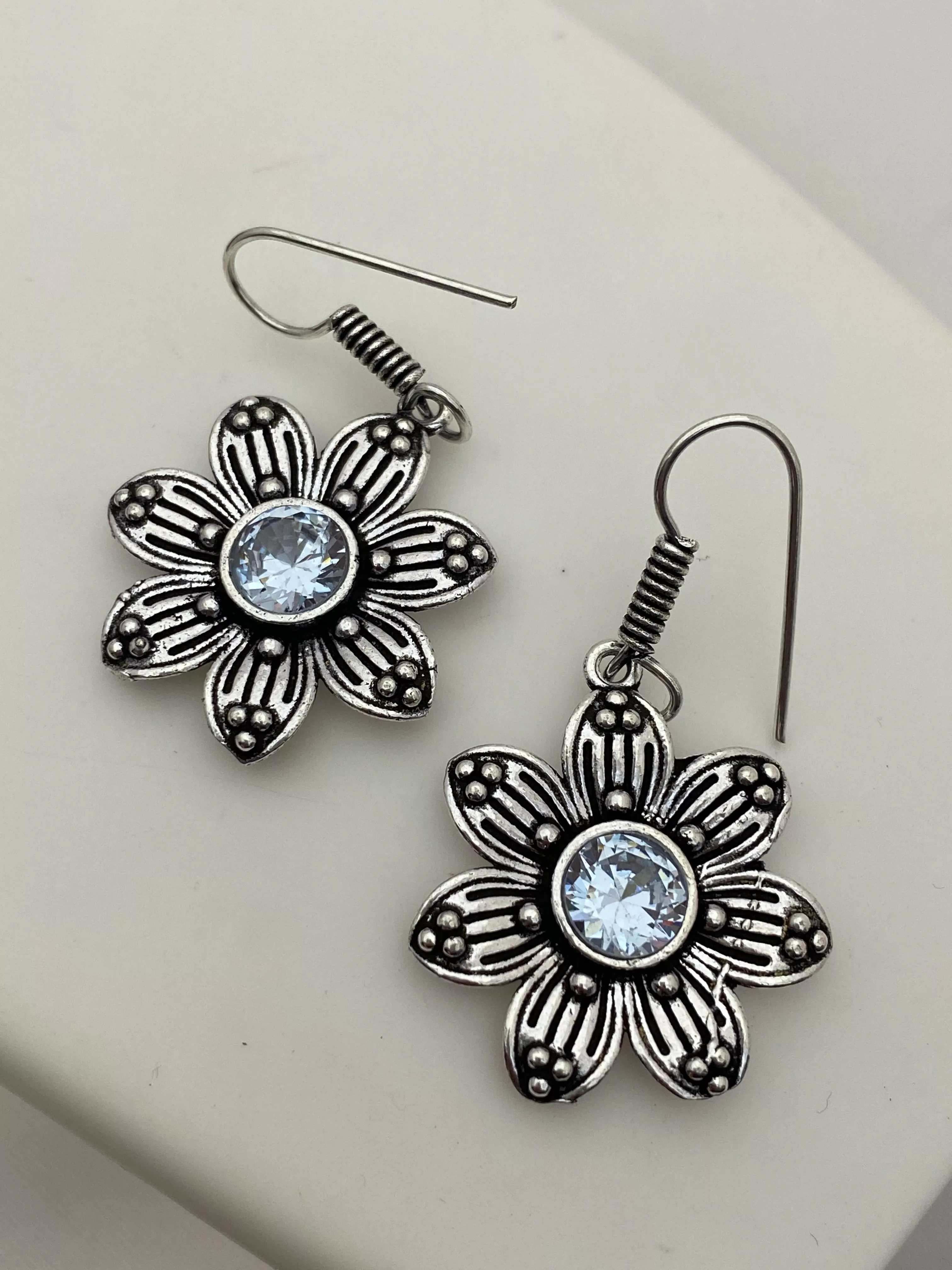 Dazzling Light Blue stone Flower Design Oxidized Earrings For Women