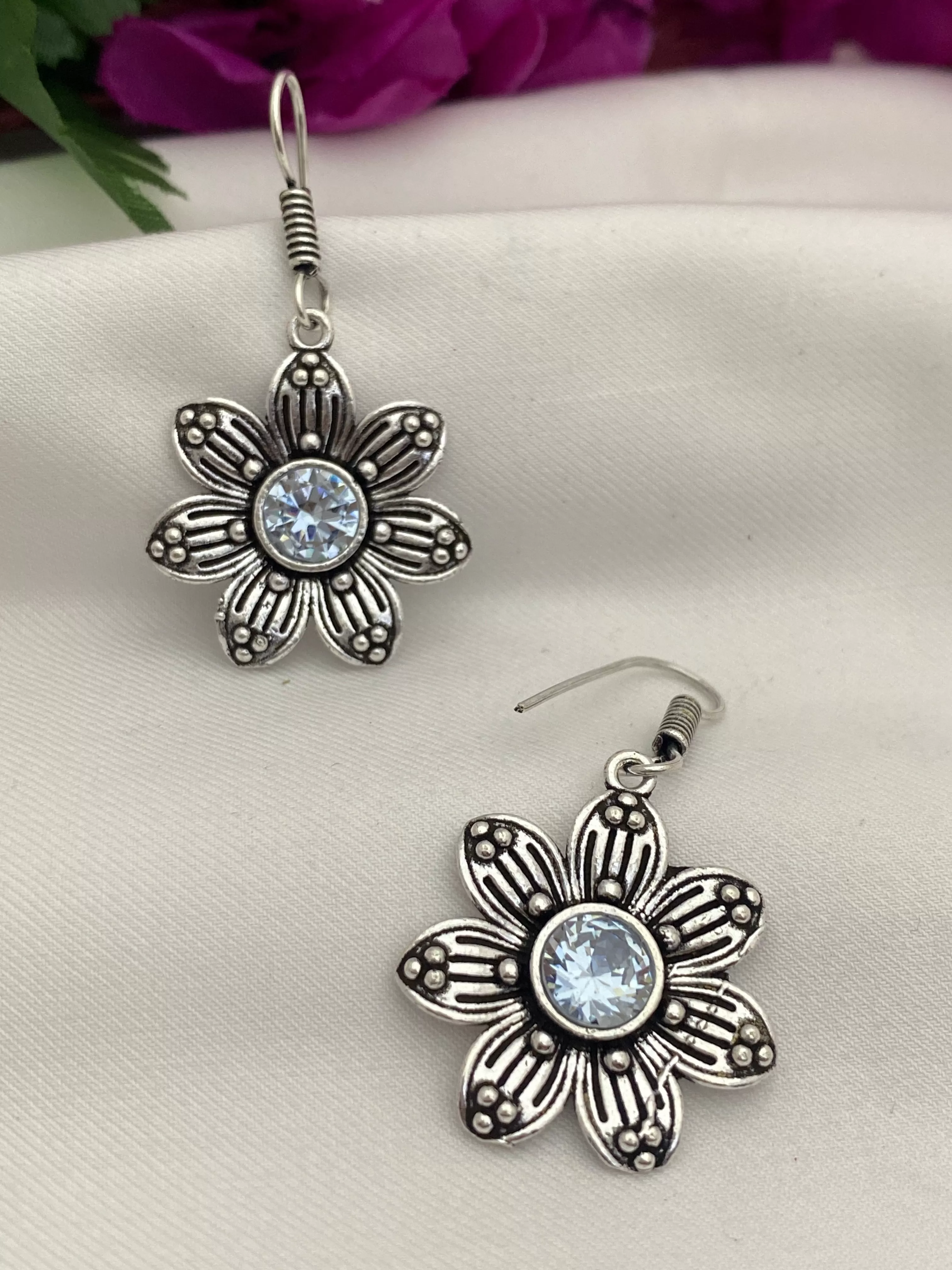 Dazzling Light Blue stone Flower Design Oxidized Earrings For Women