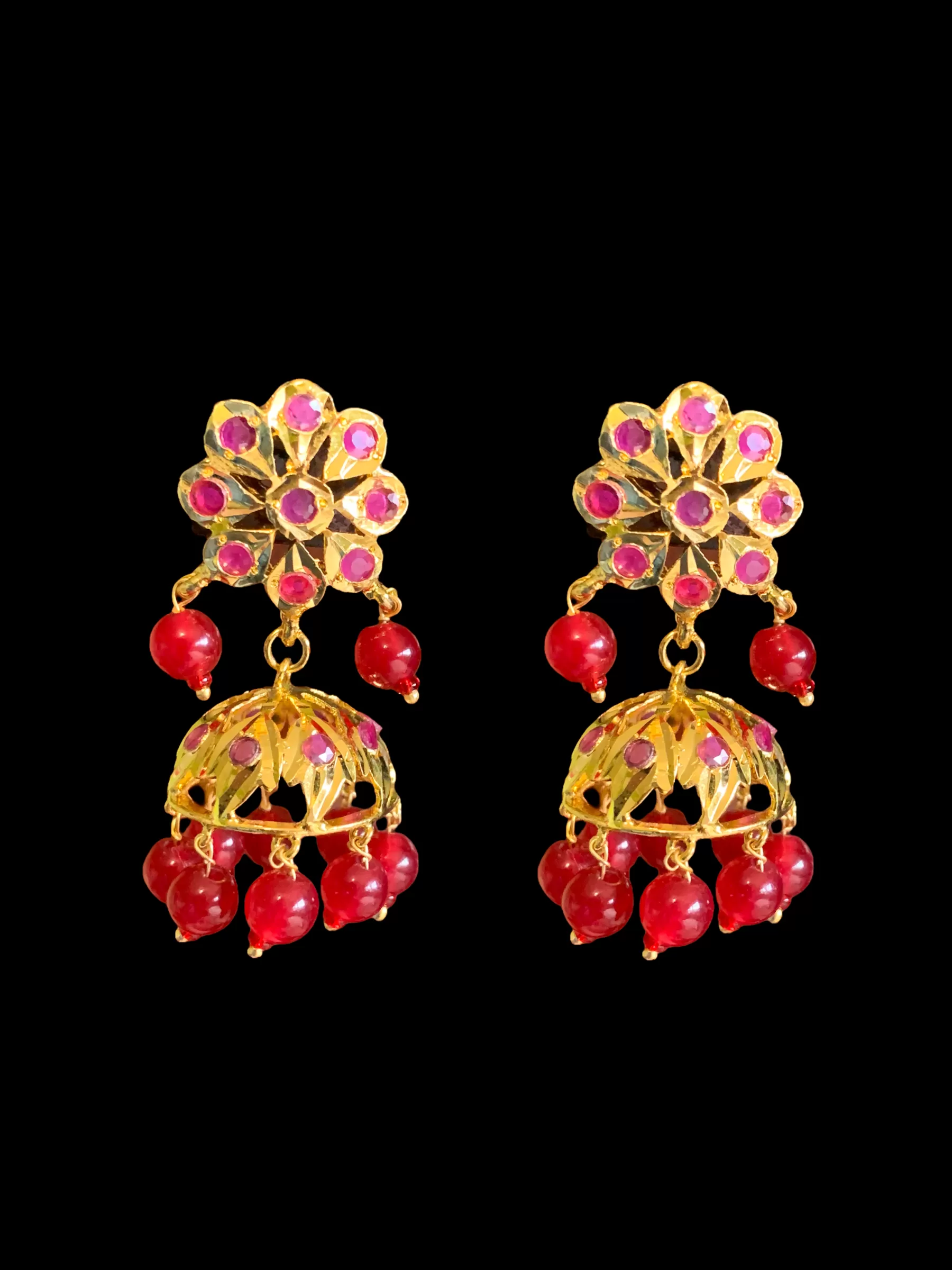 DER345 Ruby jhumka in flower tops ( READY TO SHIP)