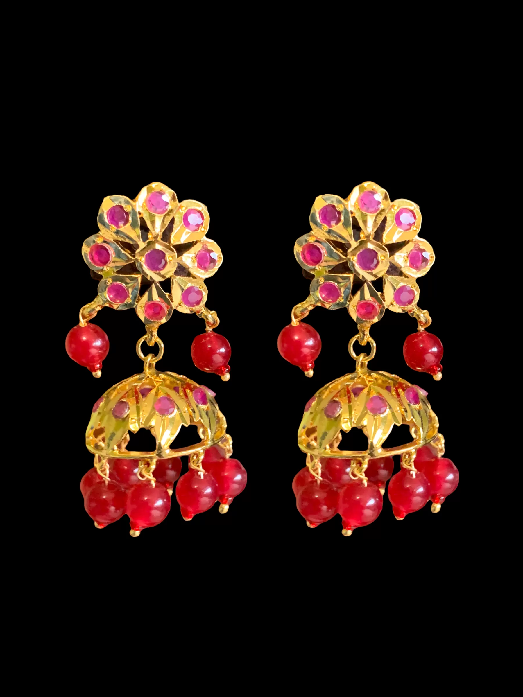 DER345 Ruby jhumka in flower tops ( READY TO SHIP)