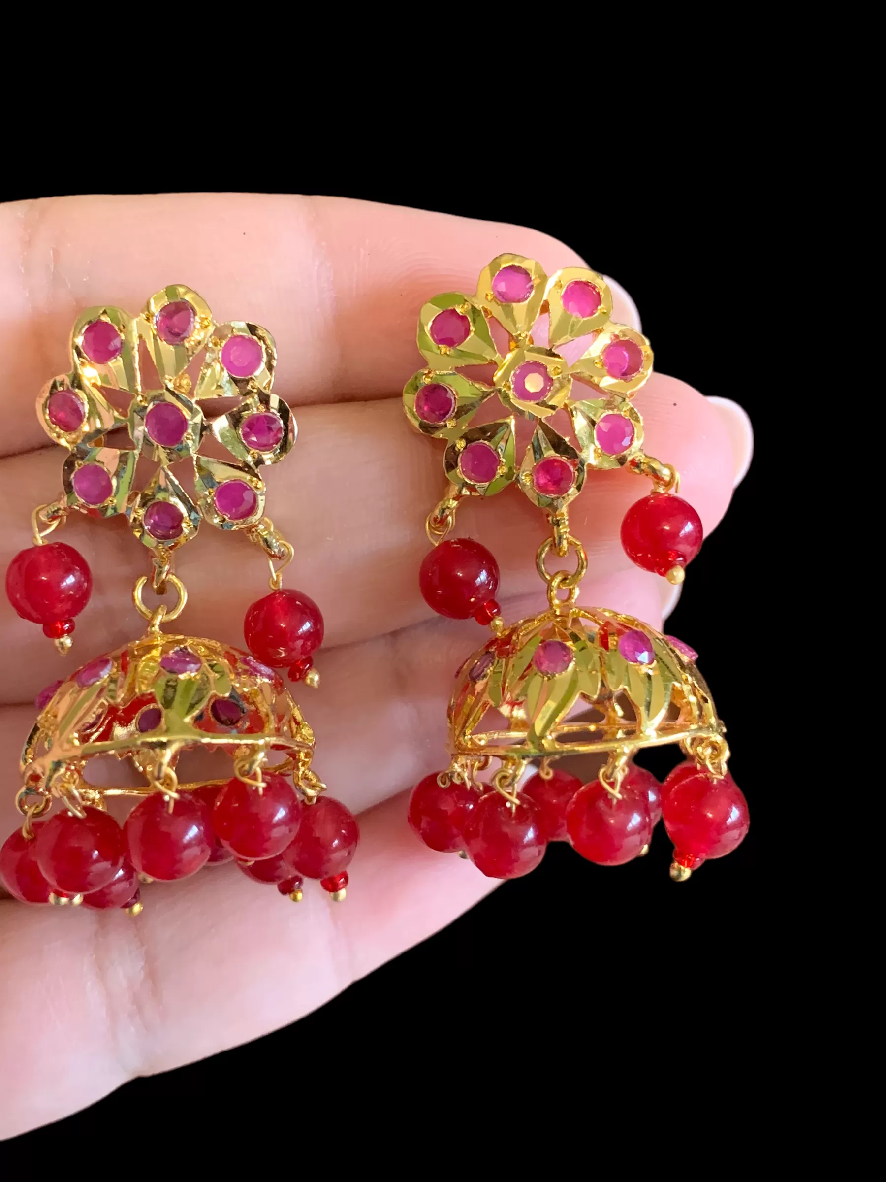 DER345 Ruby jhumka in flower tops ( READY TO SHIP)