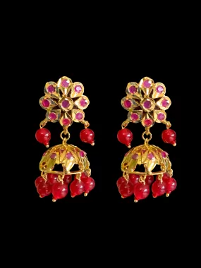 DER345 Ruby jhumka in flower tops ( READY TO SHIP)