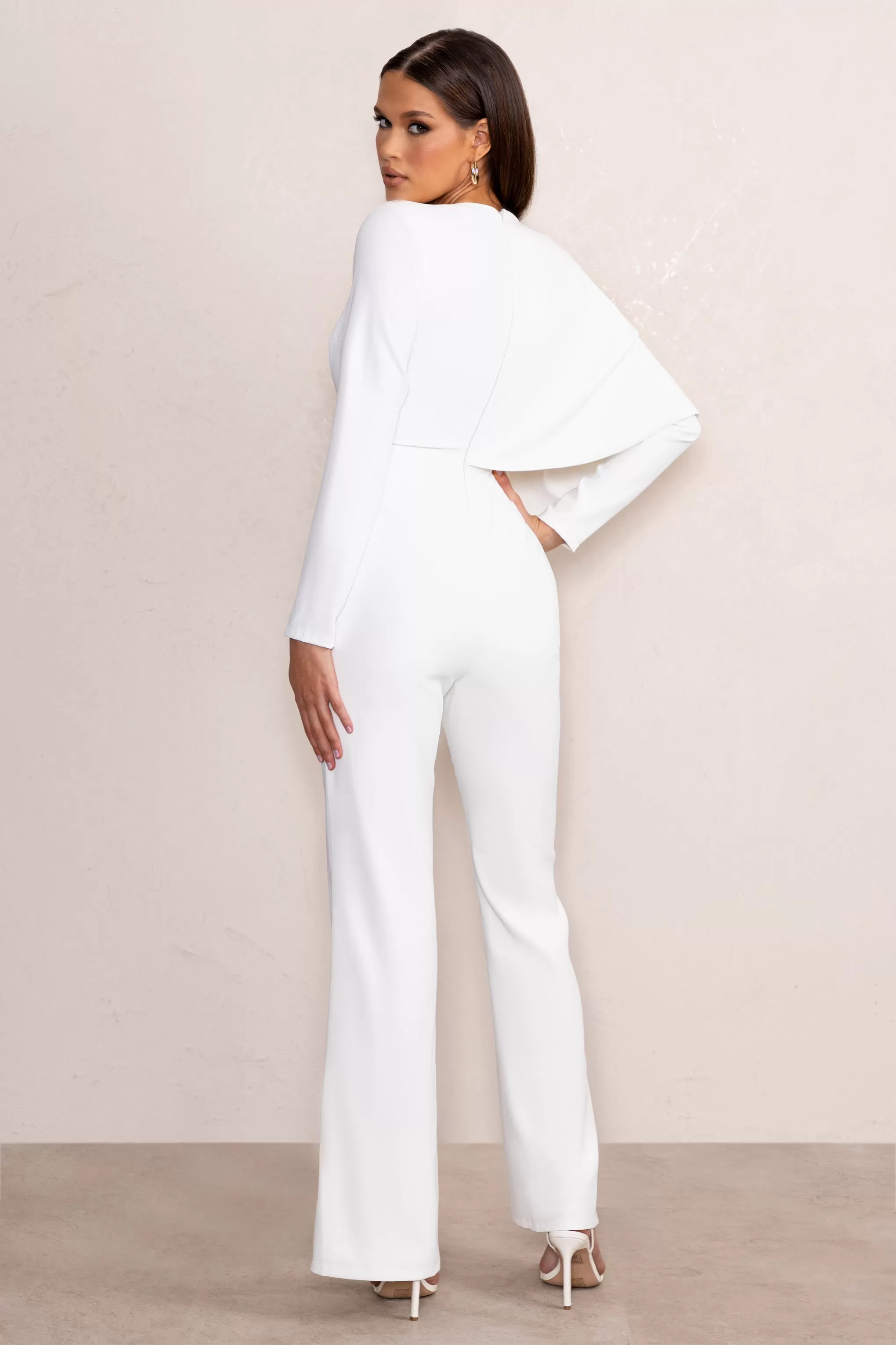 Erika | White Plunge Jumpsuit with One-Shoulder Cape Overlay