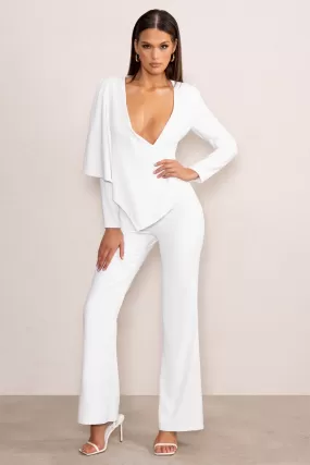 Erika | White Plunge Jumpsuit with One-Shoulder Cape Overlay