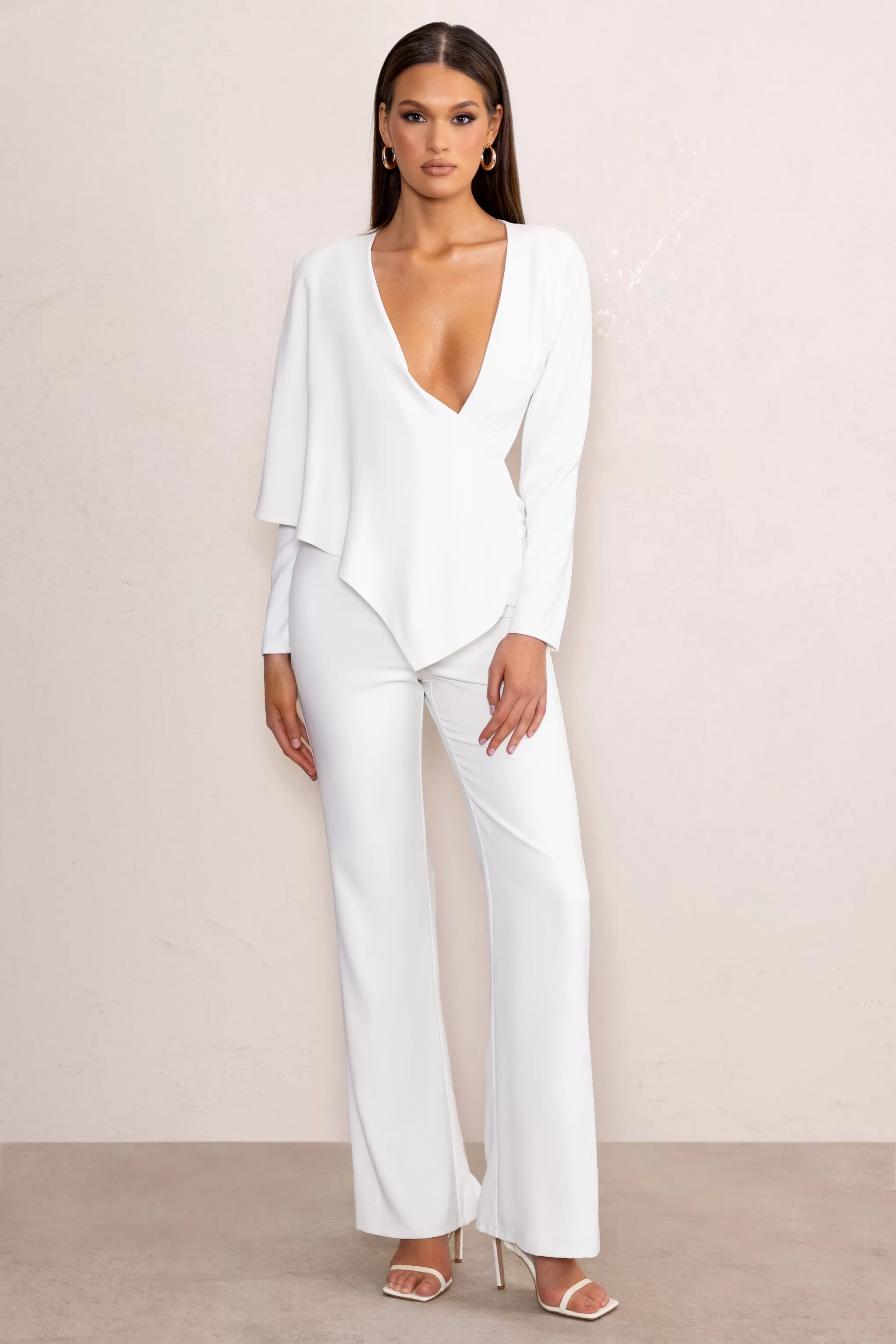 Erika | White Plunge Jumpsuit with One-Shoulder Cape Overlay