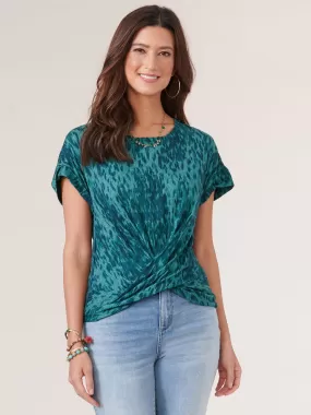 Extended Short Sleeve Twist Front Animal Print Petite Knit Top