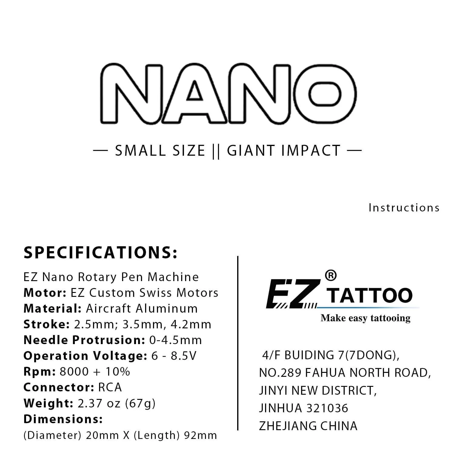 EZ NANO Rotary Cartridge Tattoo Machine Pen EZ Custom Swiss Motors Lightweight and Ultra Thin design